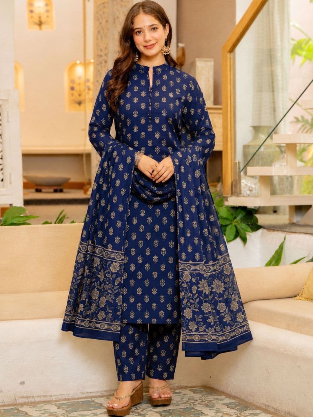 PARTHVI Women Ethnic Motifs Printed Regular Pure Cotton Kurta with Trousers & With Dupatta - view 1