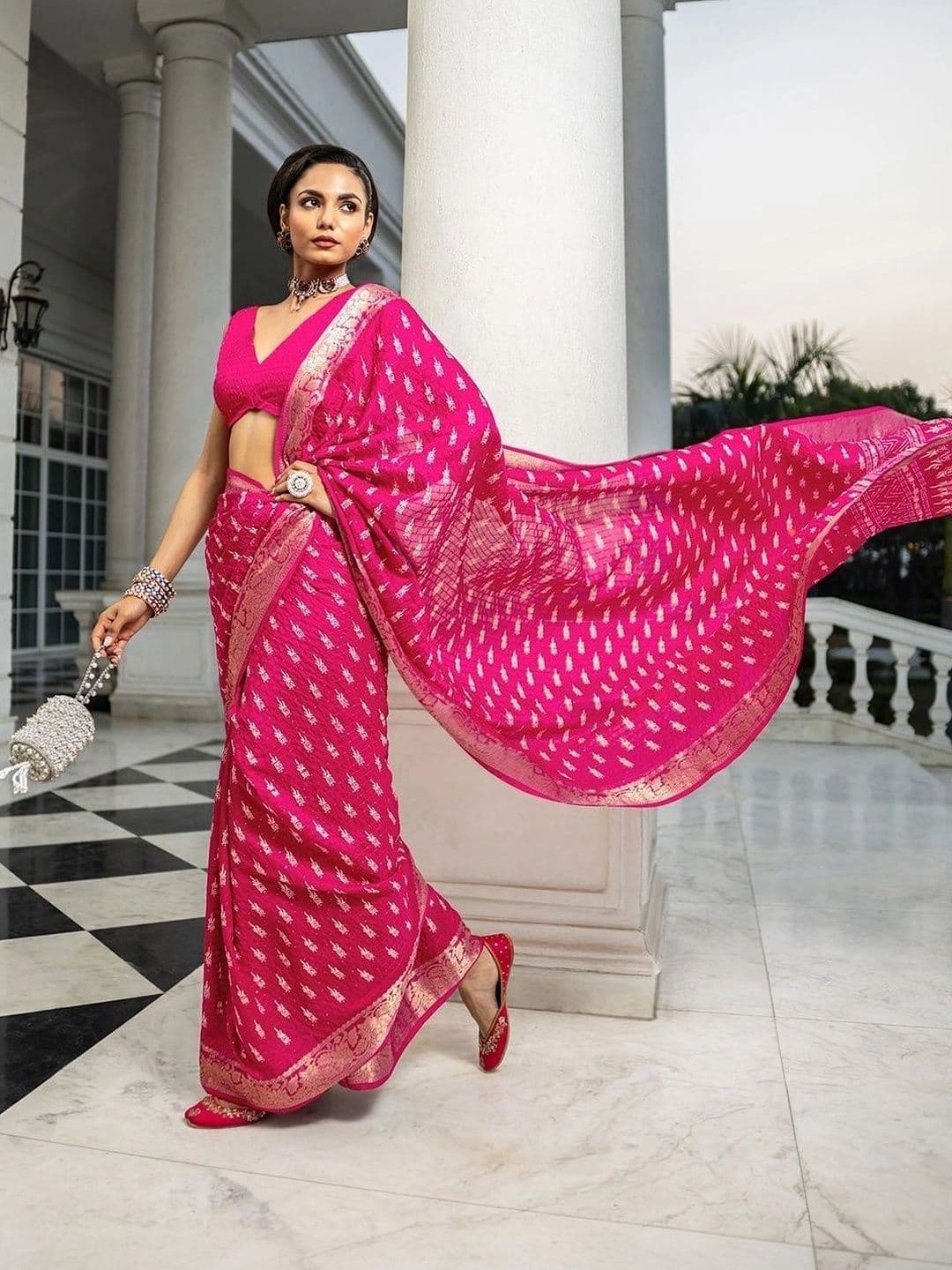 Libas Pink Printed Saree With Unstitched Blouse Piece - view 1