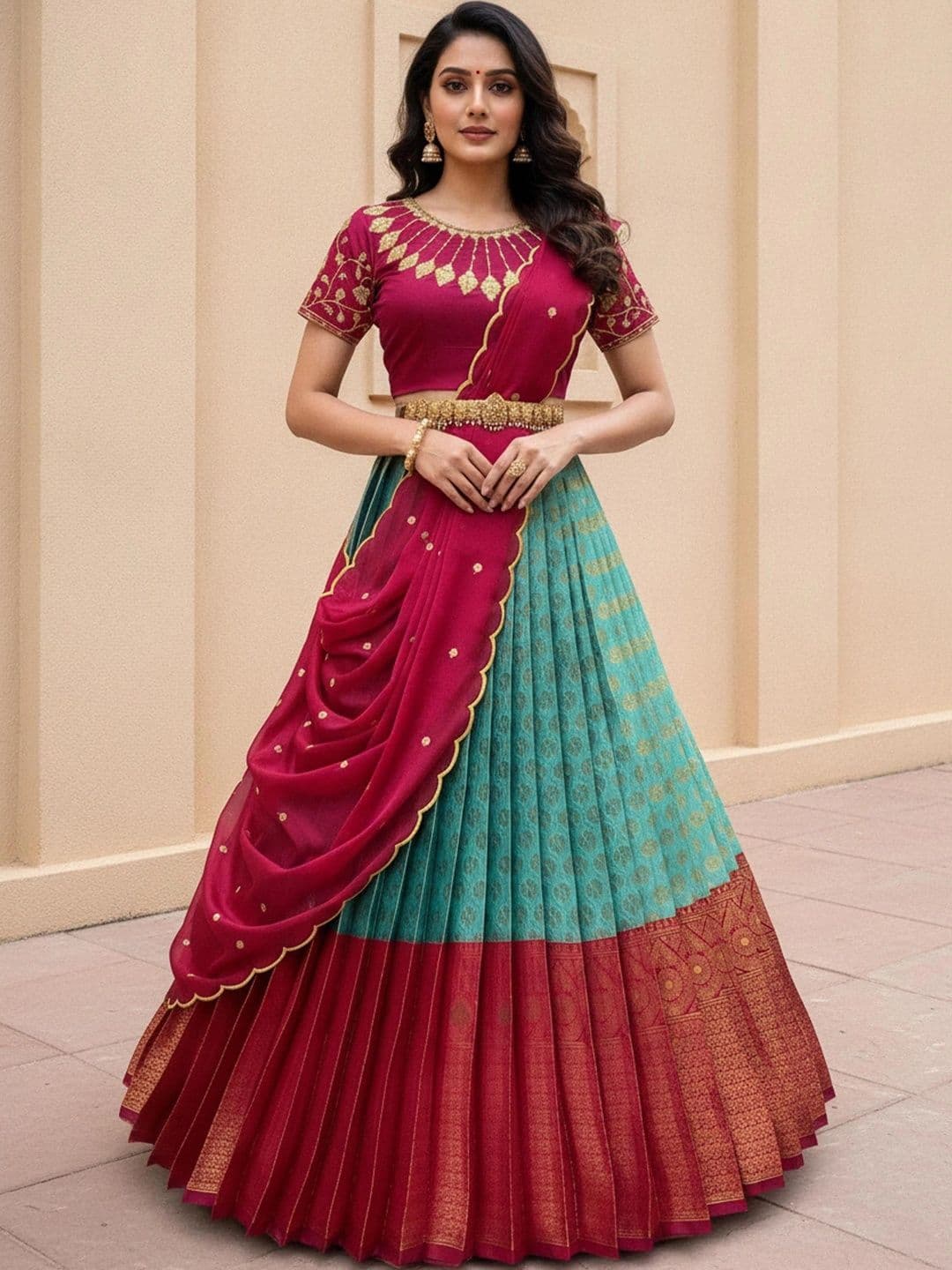 Pink Bindi Embellished Unstitched Lehenga & Blouse With Dupatta - view 1