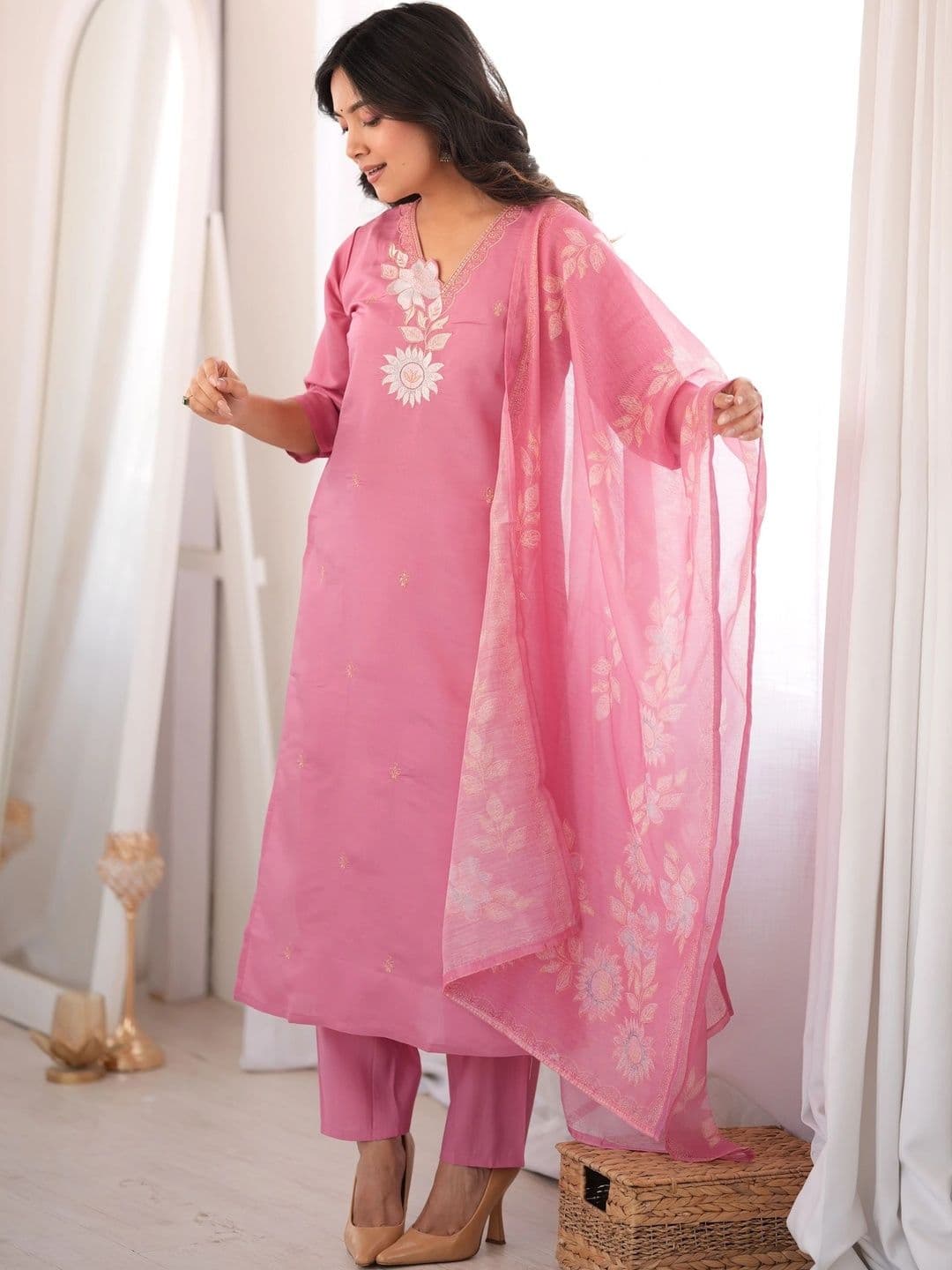 Sangria Women Ethnic Motifs Embroidered Regular Thread Work Kurta with Trousers & With Dupatta - view 1