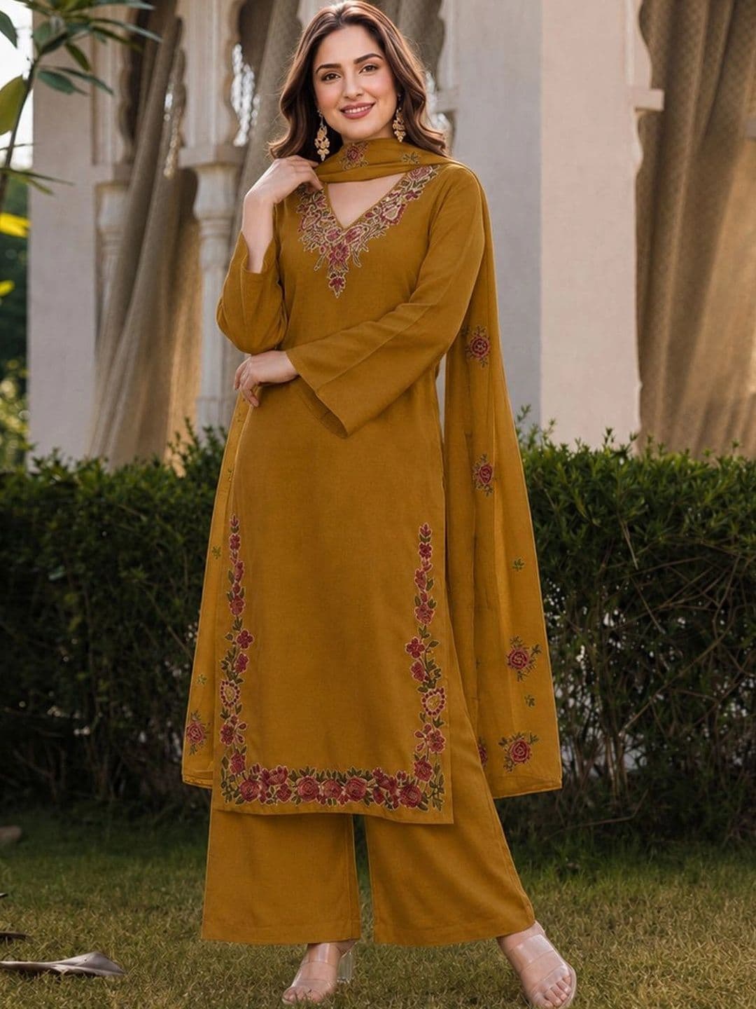 GoSriKi Women Floral Embroidered Regular Thread Work Kurta with Palazzos & With Dupatta - view 1