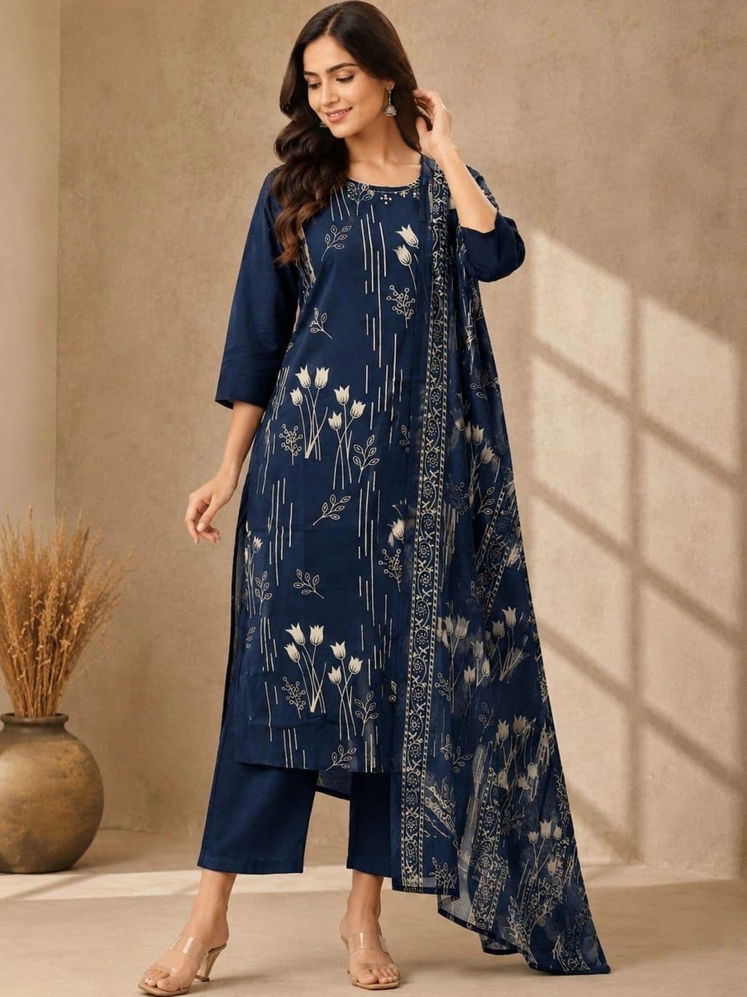 Sangria Women Floral Printed Regular Pure Cotton Kurta with Trousers & With Dupatta - view 1