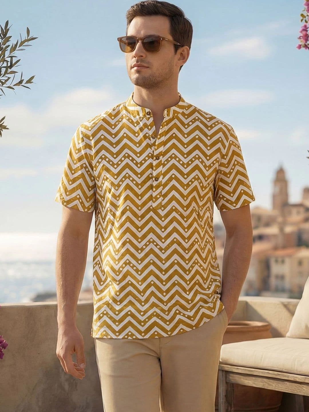 House of Pataudi Men Chevron Printed Kurta - view 1