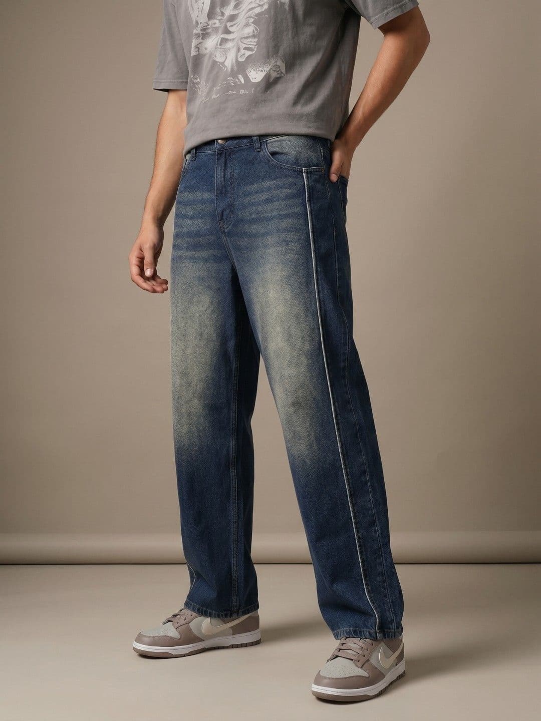 glitchez Men Baggy Fit Panelled Heavy Fade Stretchable Jeans - view 1