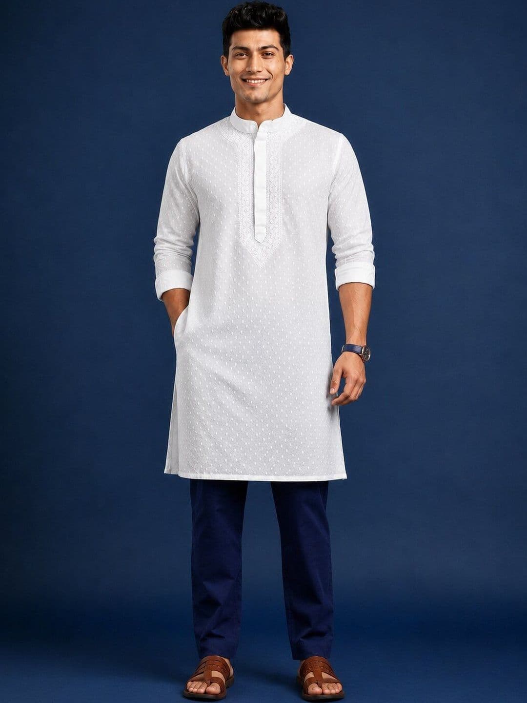 Taavi Men Embellished Mandarin Collar Thread Work Kurta - view 1