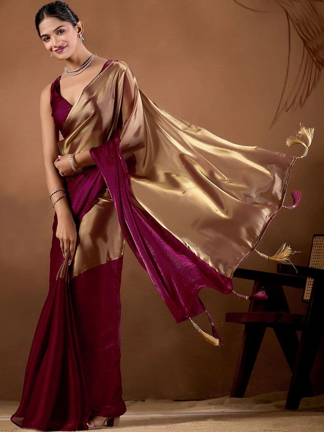 house of kk Women's Gold & Wine Dual Tone Satin Saree with Patch Work - view 1