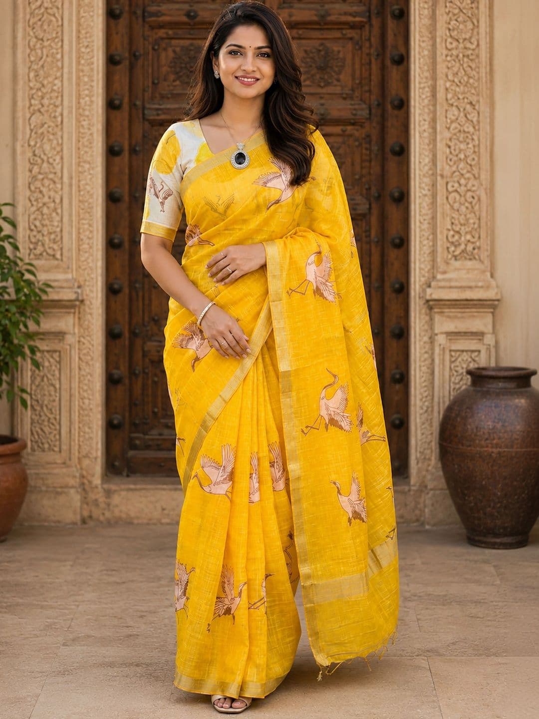 Mitera Ethnic Motifs Linen Blend Block Print Saree - view 1