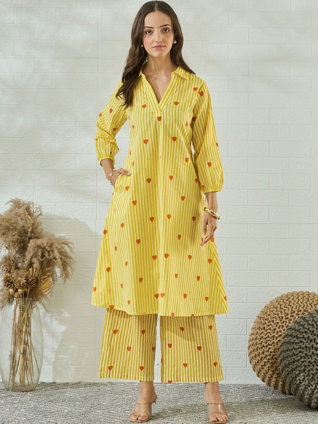 MOKOSH Women Neon Cotton Striped Heart Printed Kurta With Palazzo - view 1