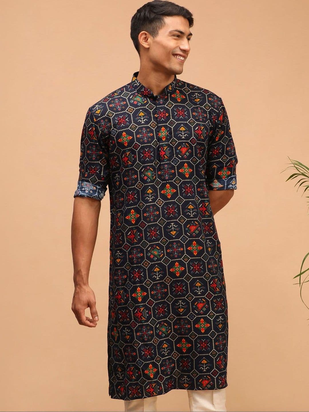 VASTRAMAY Men Navy Blue Patola Printed Rayon Kurta - view 1