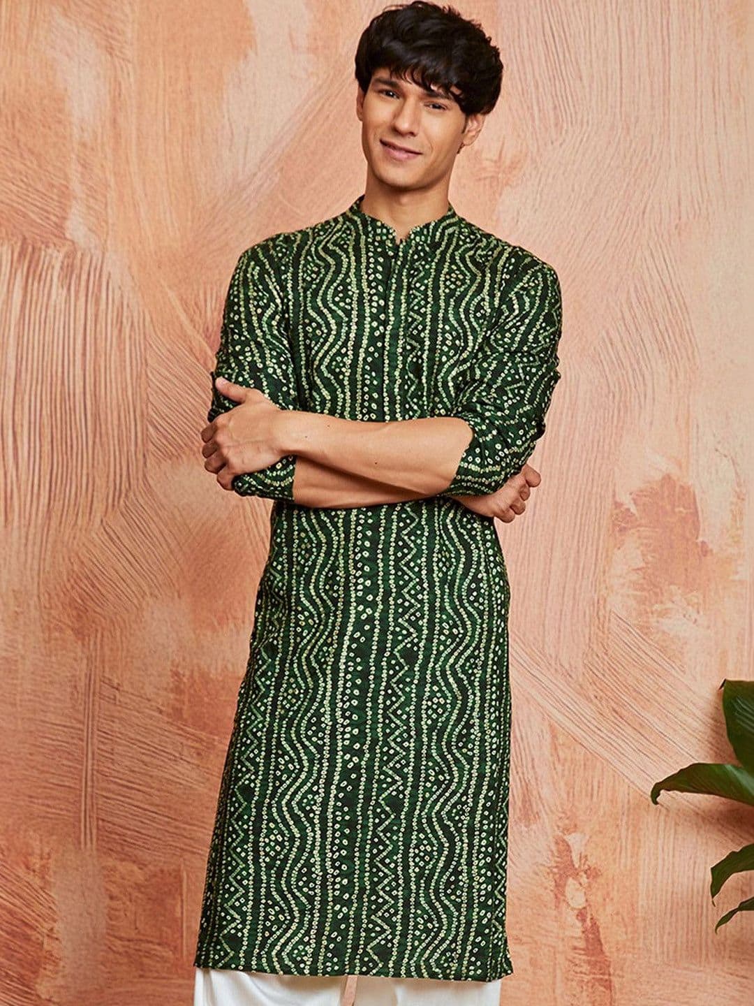 VASTRAMAY Bandhani Printed Band Collar Straight Kurta - view 1