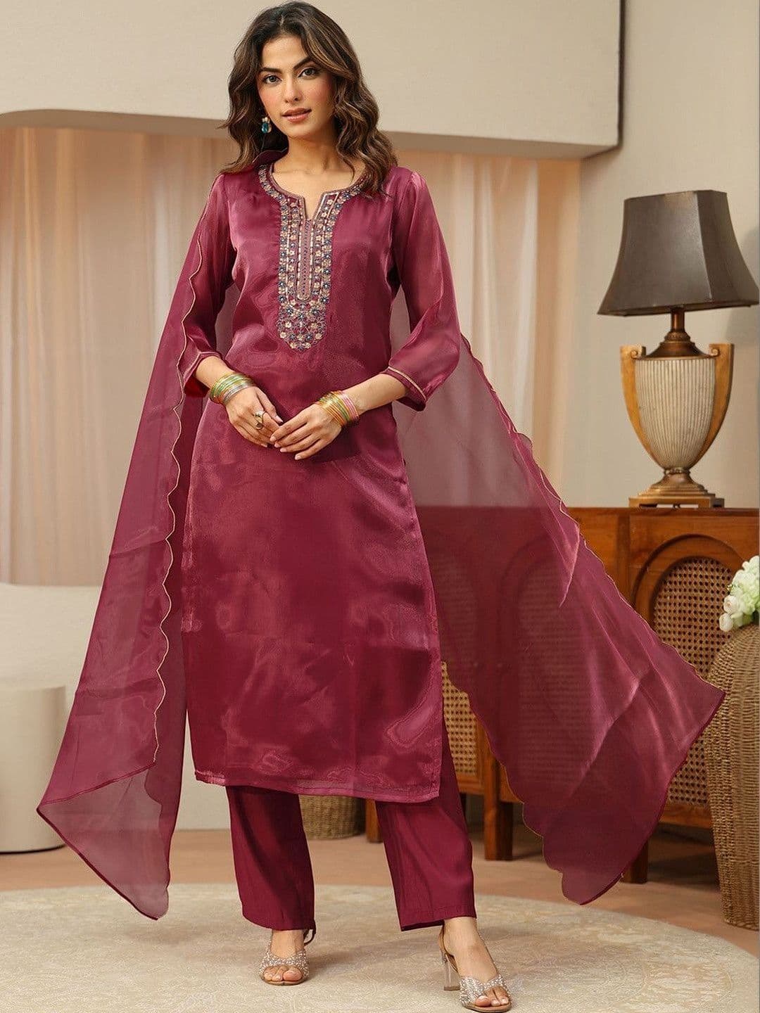 Gerua By Libas Libas Maroon Yoke Design Tissue Straight Suit Set - view 1