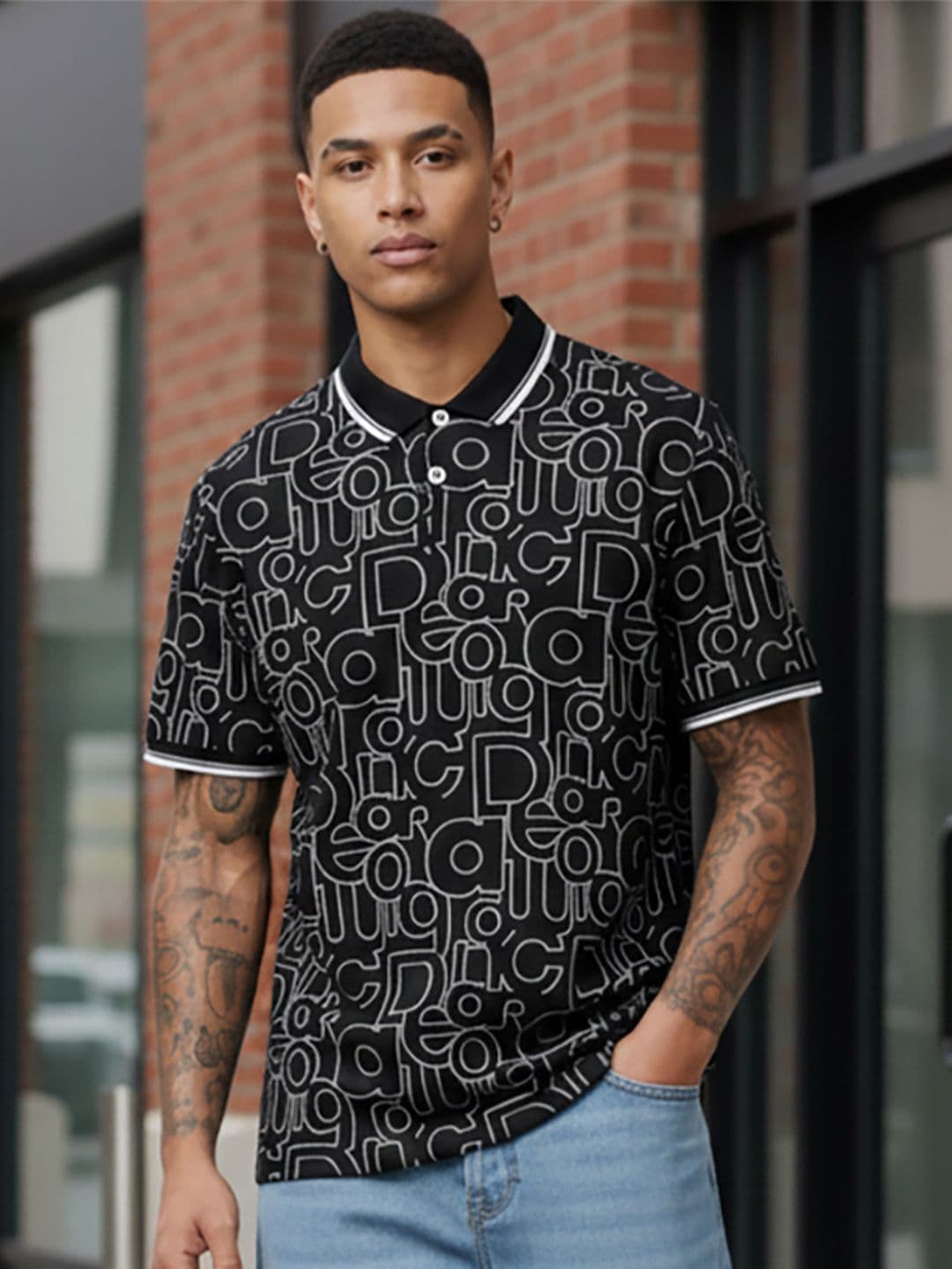 HERE&NOW Men Typography Printed Polo Collar T-shirt - view 1