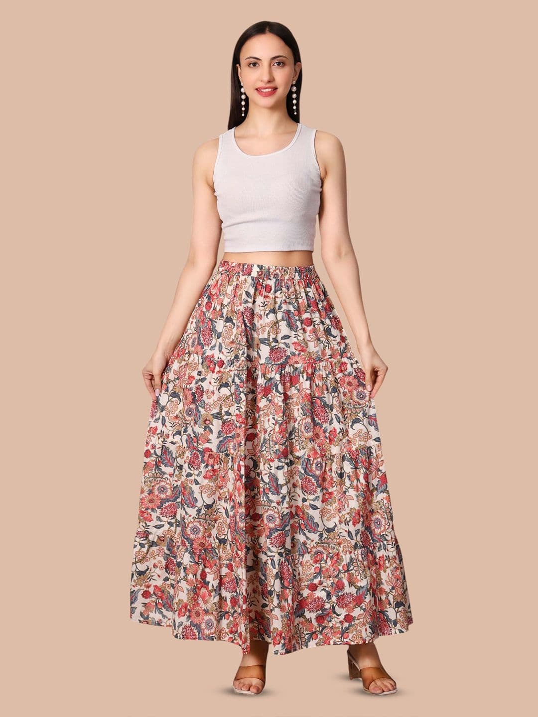 Taziraa Women Pure Cotton Blend Cotton Cambric Floral Maxi Tiered Skirt - view 1