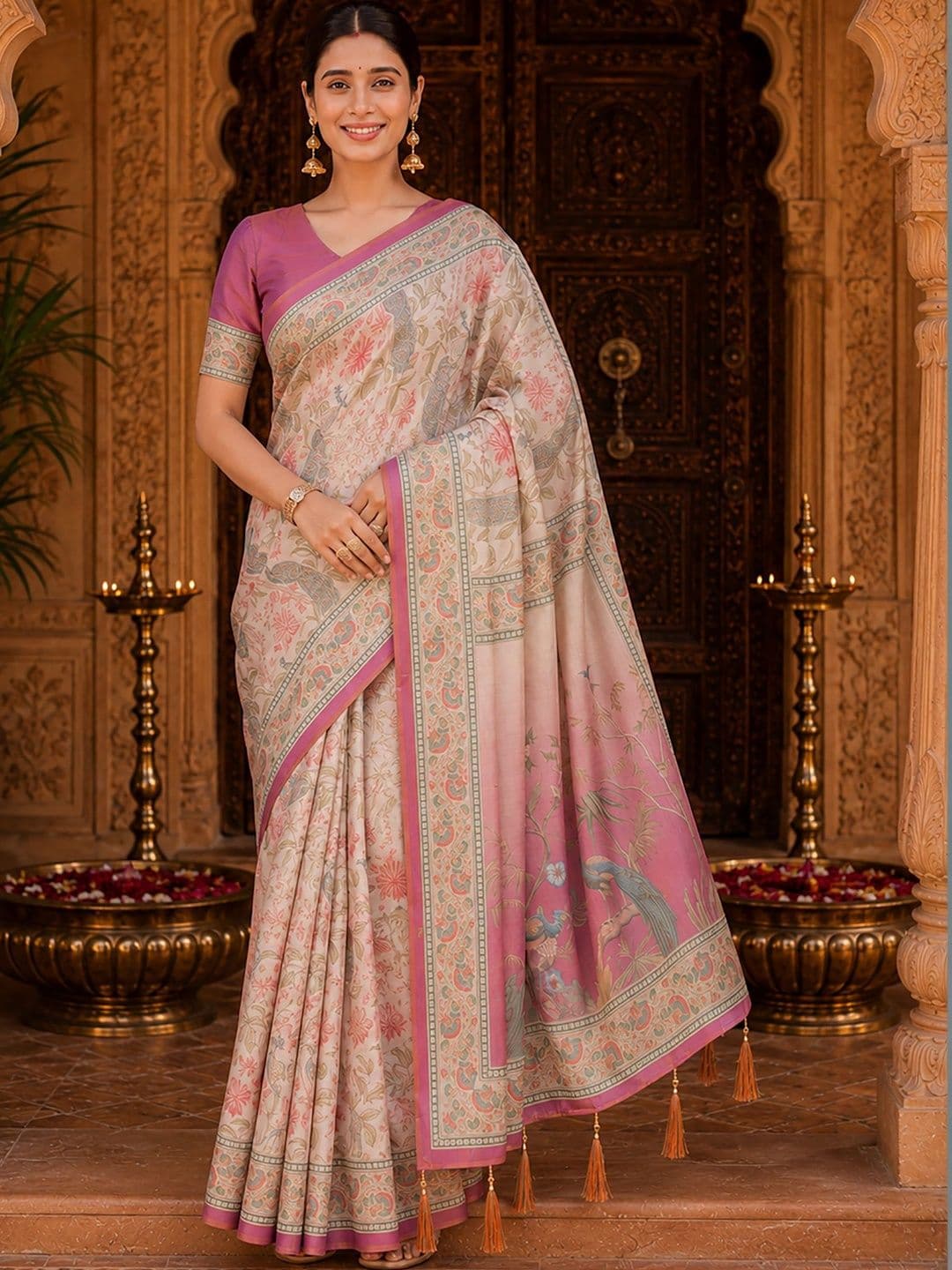 Mitera Ethnic Motifs Printed Linen Blend Block Print Saree - view 1