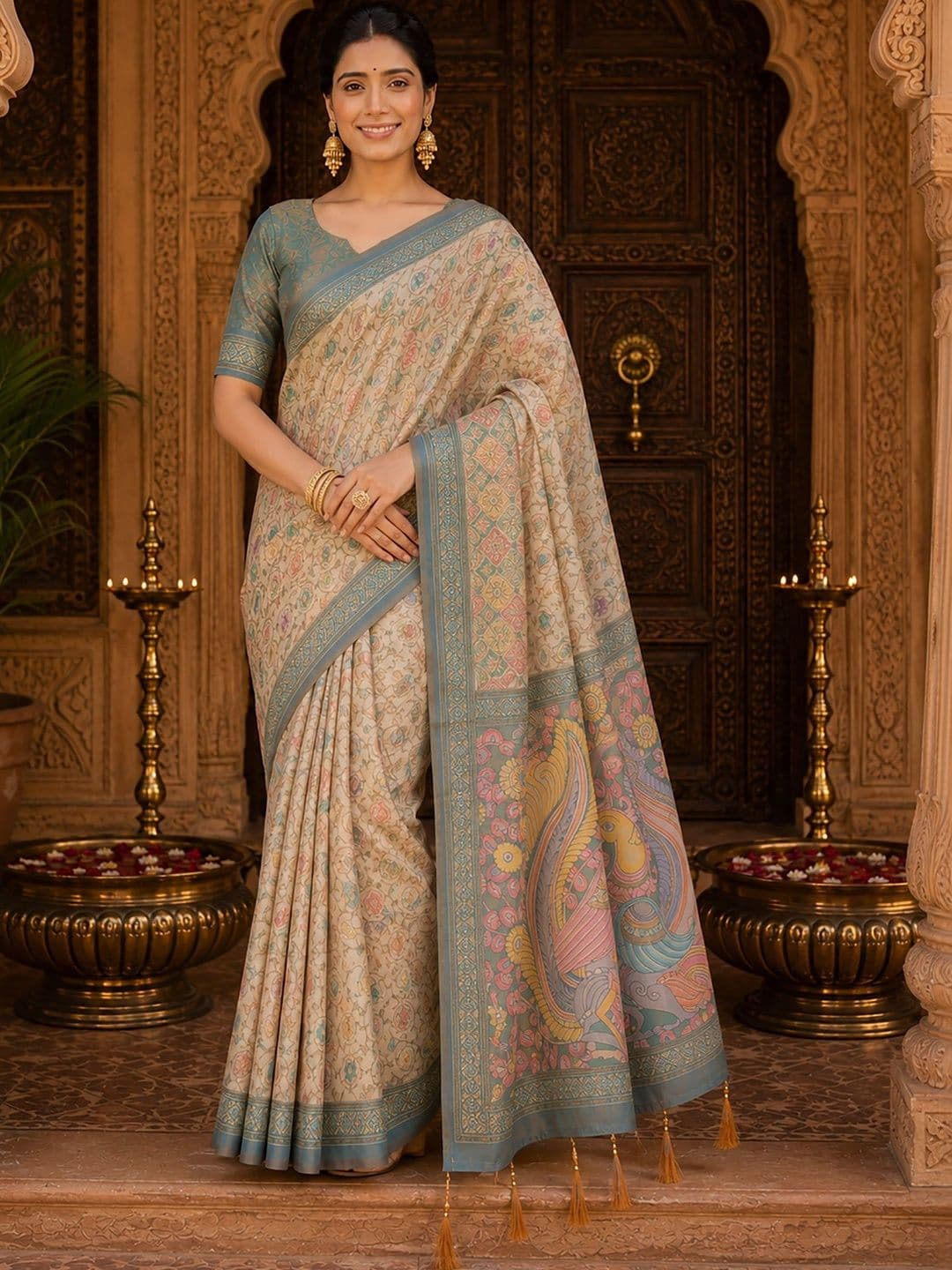 Mitera Floral Linen Blend Handloom Block Print Saree - view 1