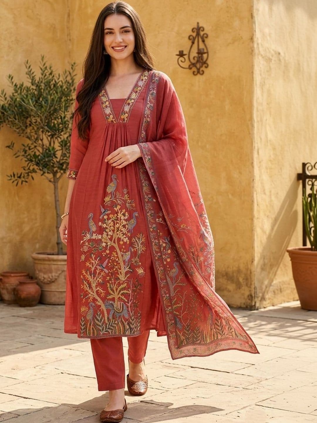 HIVA TRENDZ Women Ethnic Motifs Embroidered Regular Thread Work Kurta with Trousers & With Dupatta - view 1