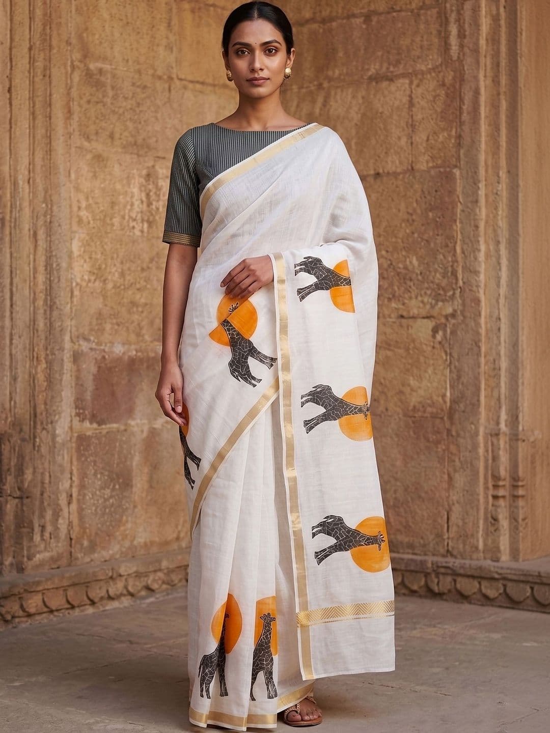 Mitera Ethnic Motifs Linen Blend Handloom Block Print Saree - view 1