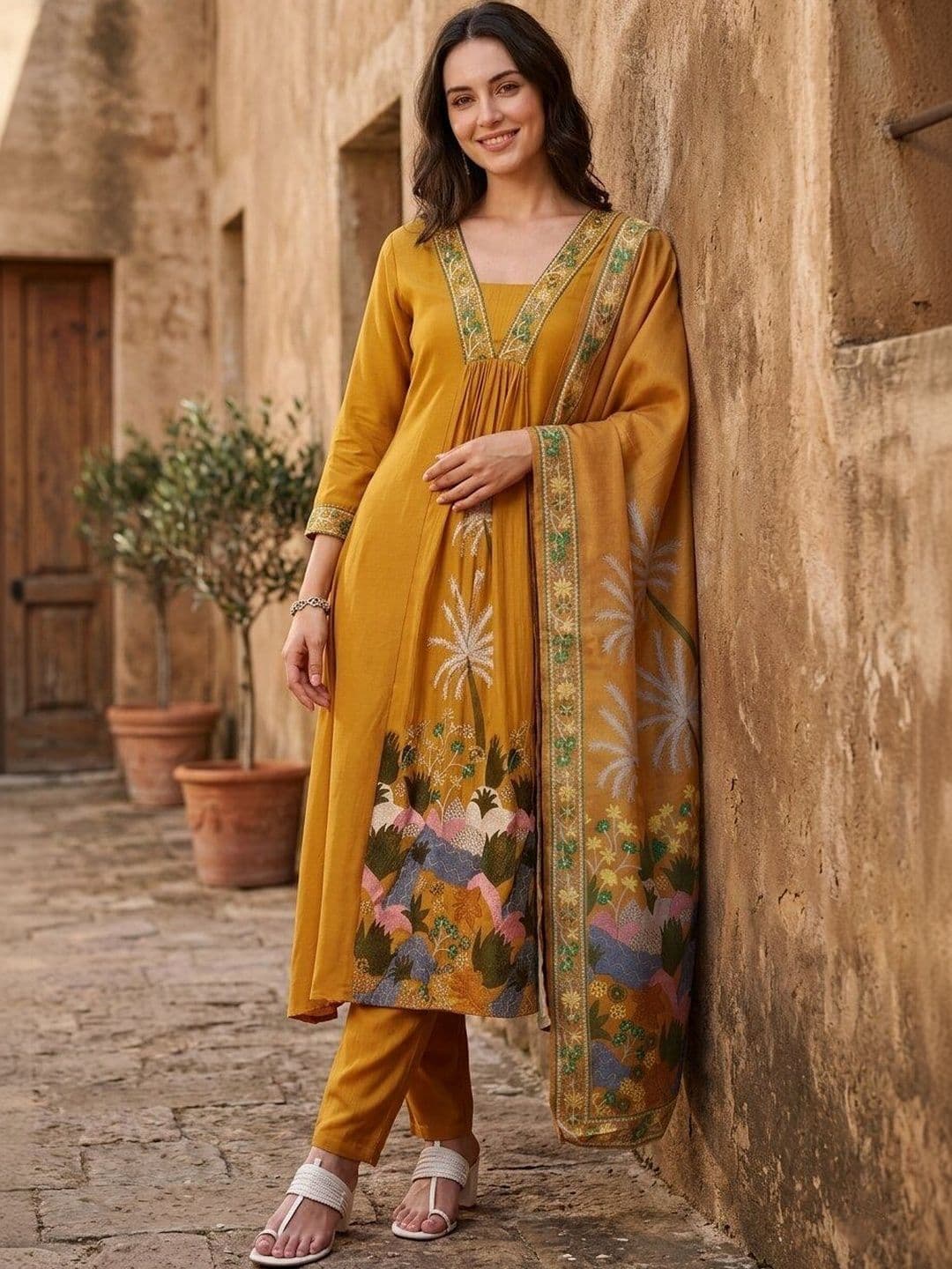 EVANORA Women Ethnic Motifs Embroidered Empire Thread Work Kurta with Trousers & With Dupatta - view 1