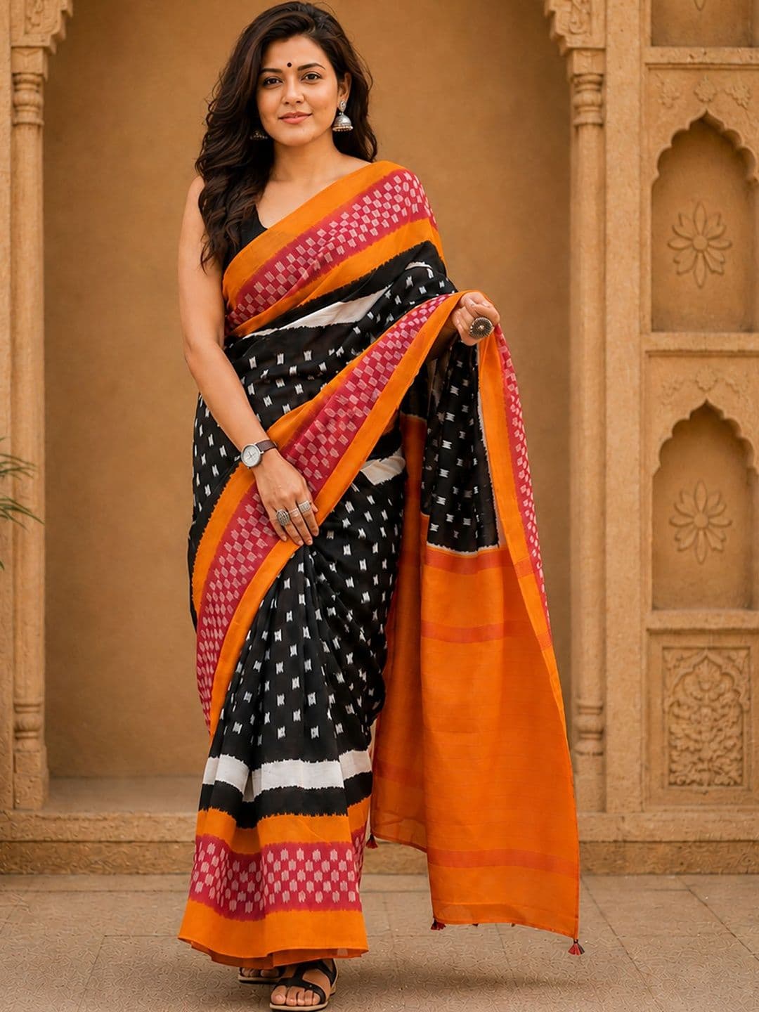 Mitera Geometric Woven Design Linen Blend Block Print Saree - view 1