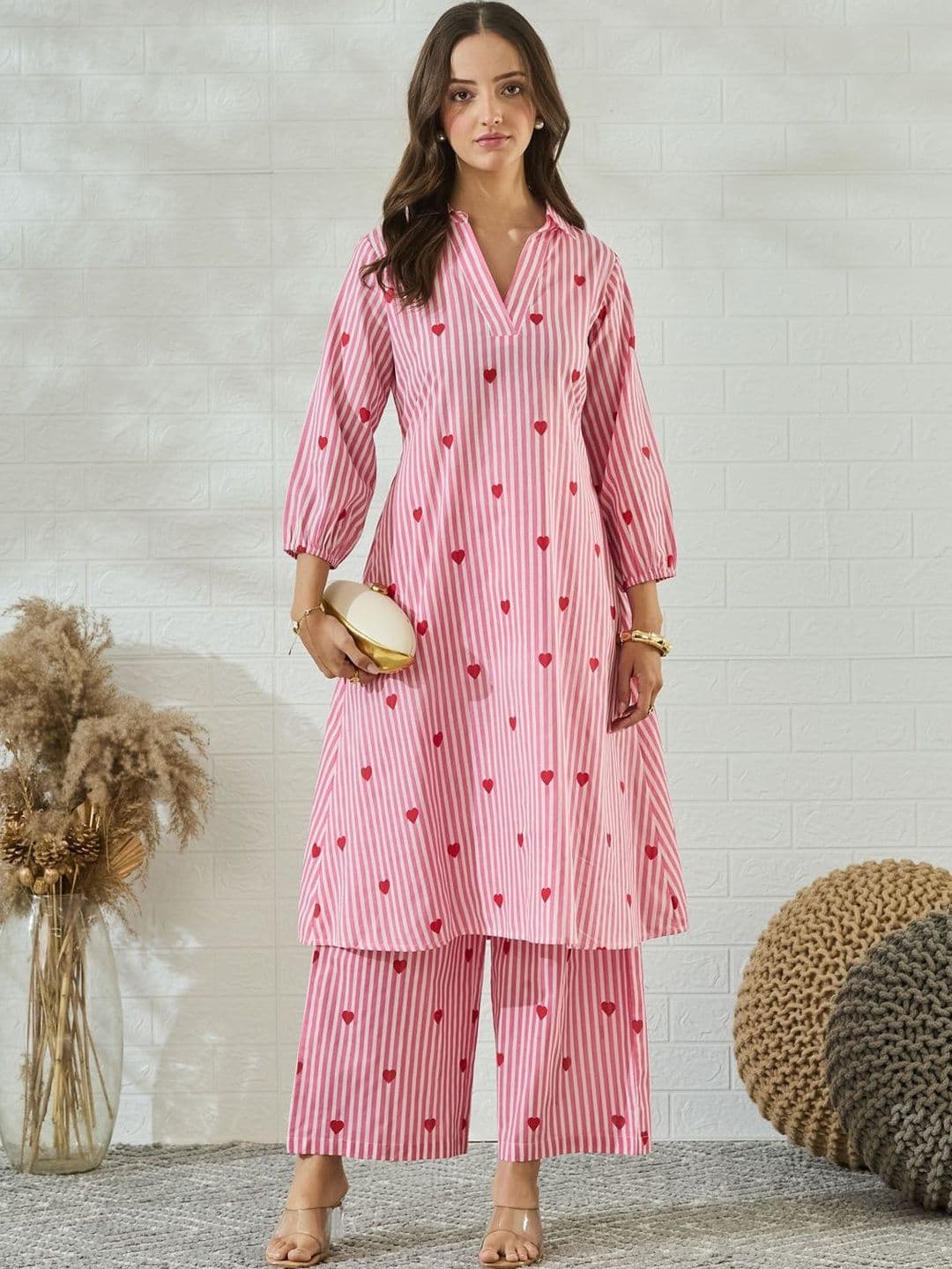 MOKOSH Women Pink Cotton Striped Heart Printed Kurta With Palazzo - view 1