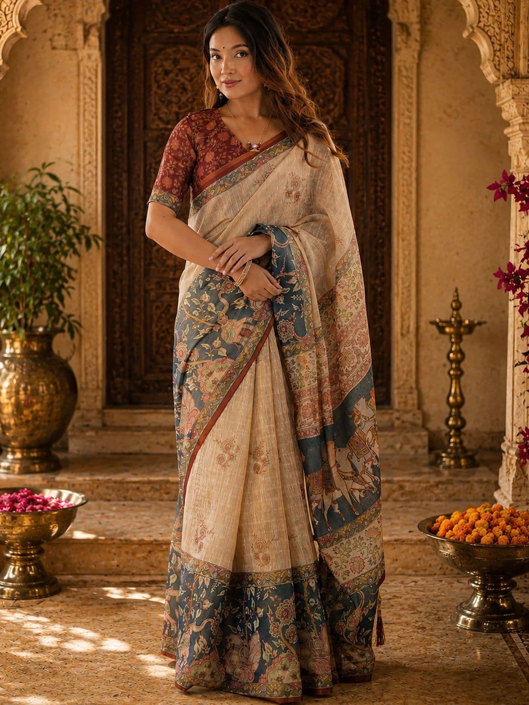 Moda Rapido Ethnic Motifs Linen Blend Block Print Saree - view 1