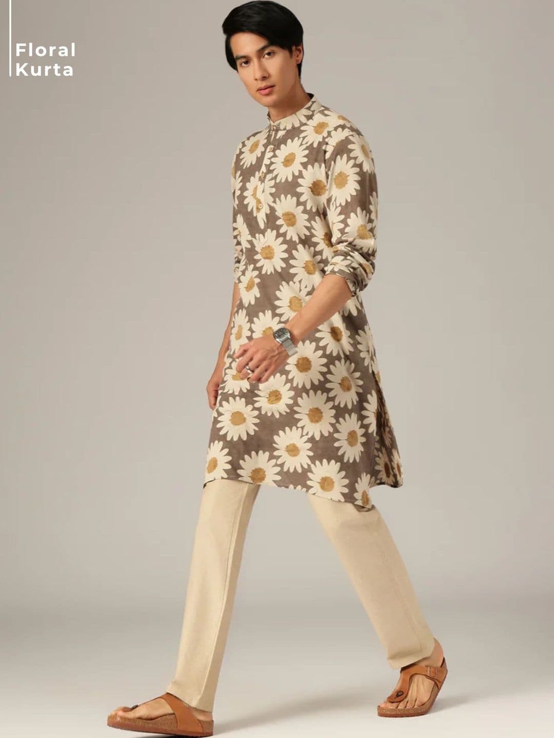 DENNISON Floral Block Printed Mandarin Collar Kurta - view 1