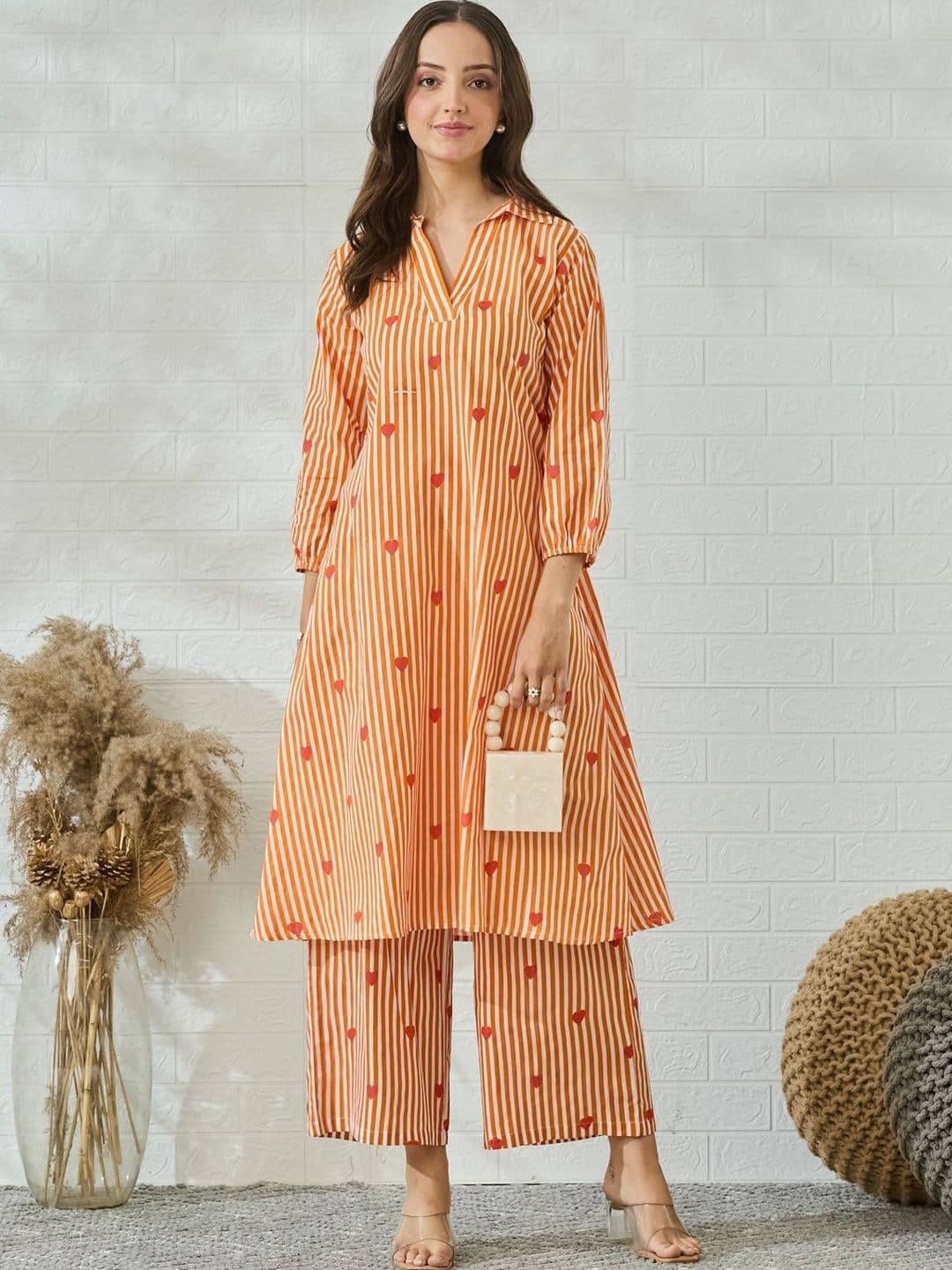 MOKOSH Women Orange Cotton Striped Heart Printed Kurta With Palazzo - view 1
