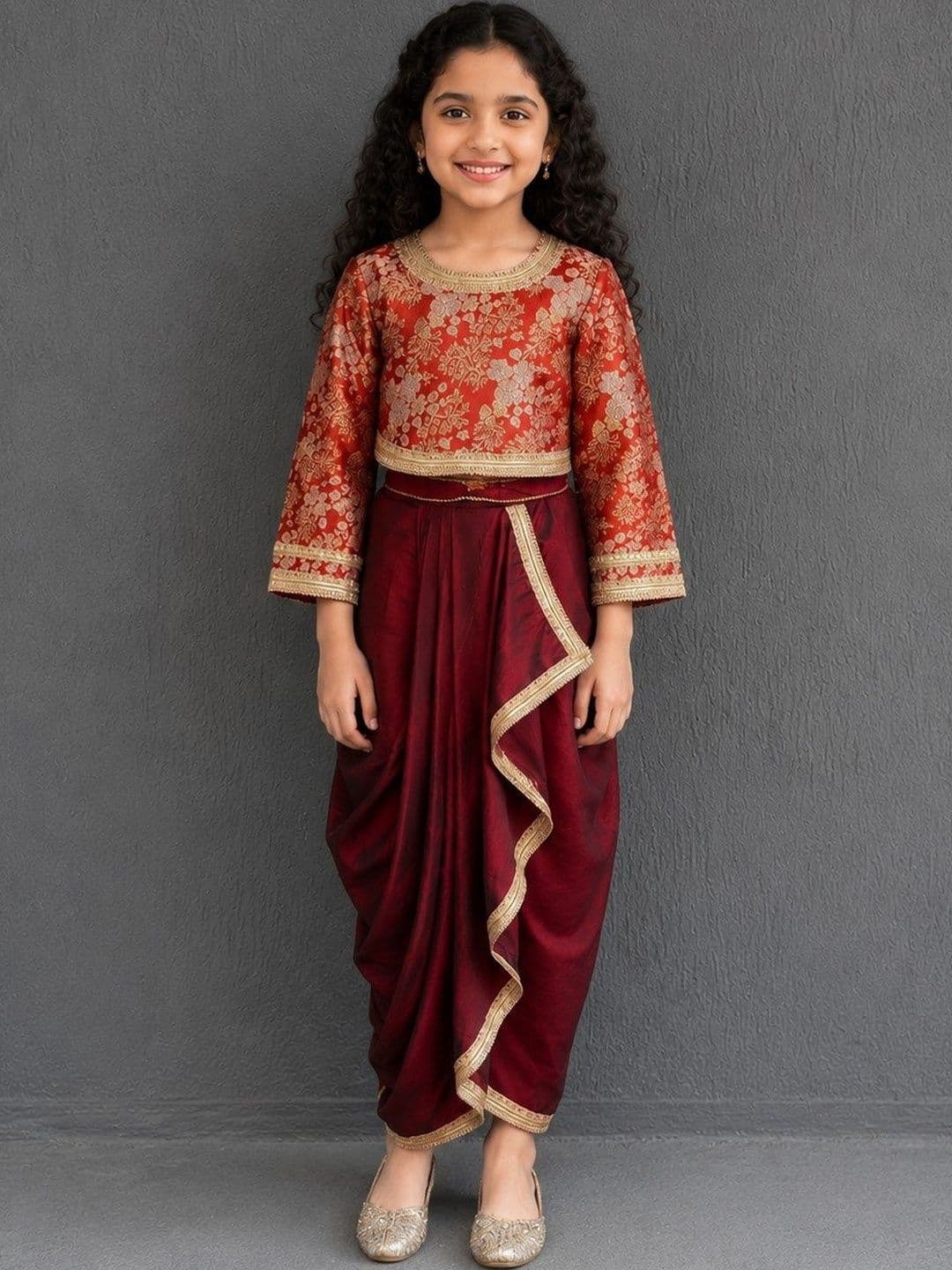 The Little Tales Girls Deep red brocade blouse with Drape skirt - view 1