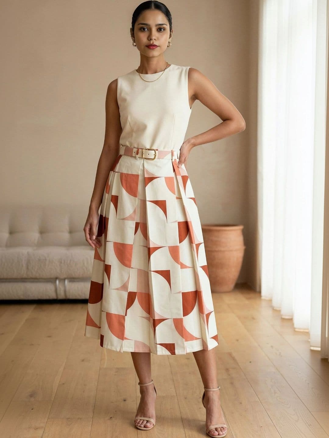 BLUE PIEGEON Women Pure Cotton Blend Geometric Midi Flared Skirt - view 1