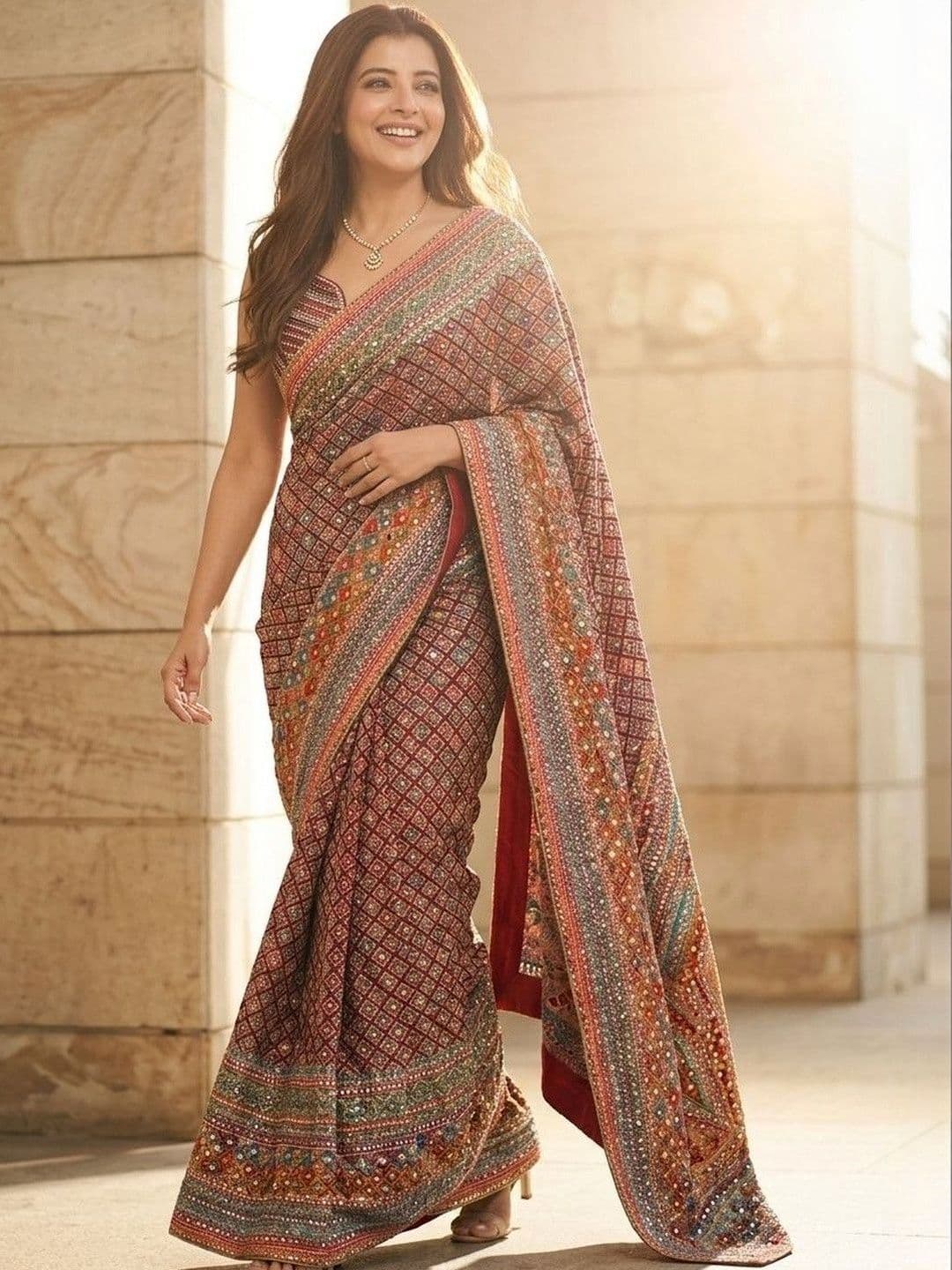 Kalista Ethnic Motifs Printed Pure Chiffon Mirror Work Saree With Unstitched Blouse Piece - view 1