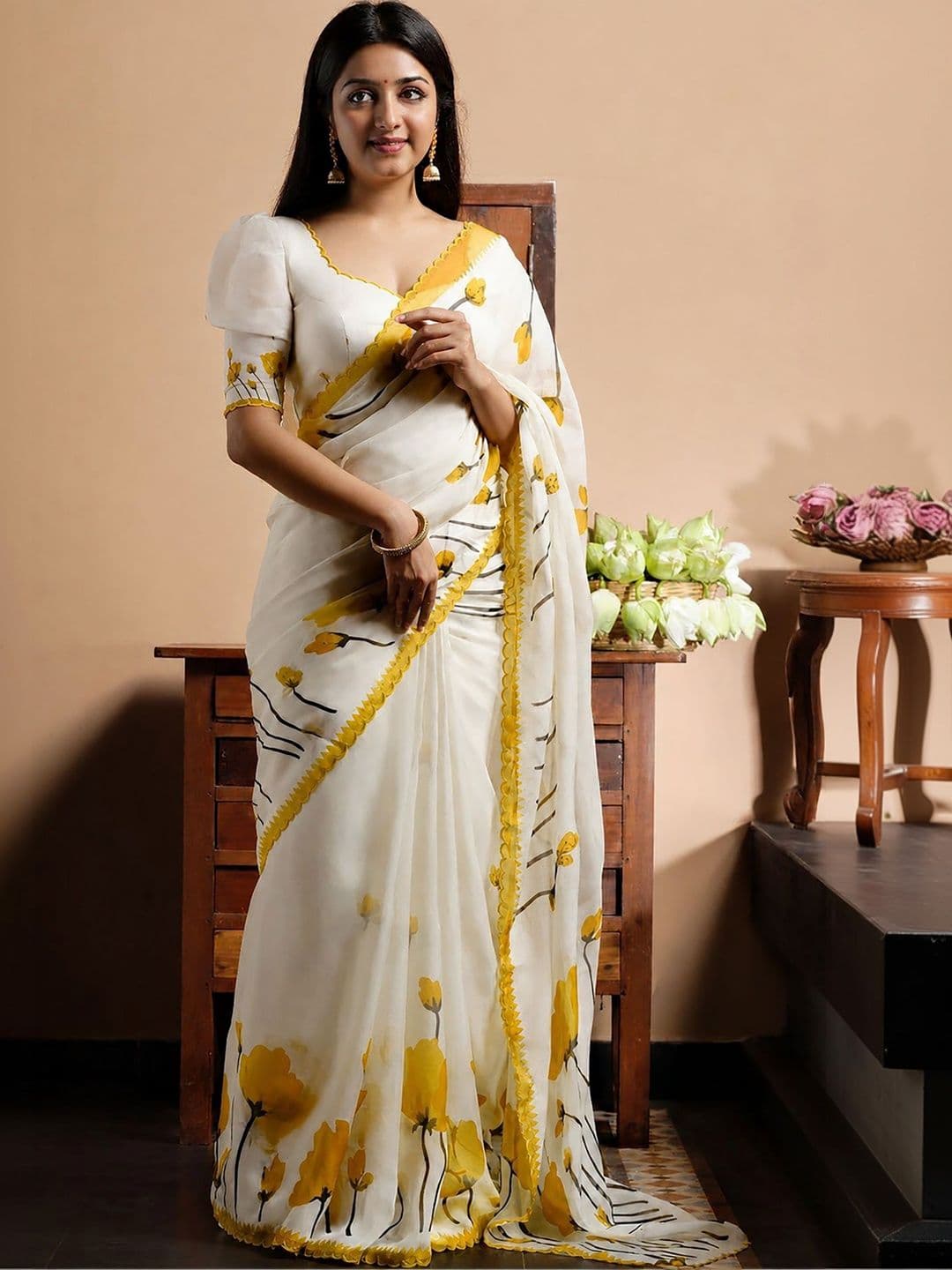 Mitera Floral Linen Blend Block Print Saree - view 1
