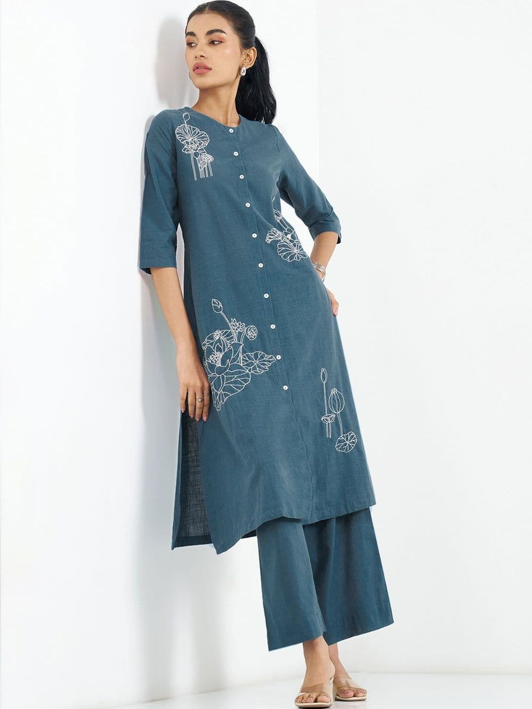 RANGMANCH BY PANTALOONS Women Floral Embroidered Regular Thread Work Pure Cotton Kurta with Palazzos - view 1