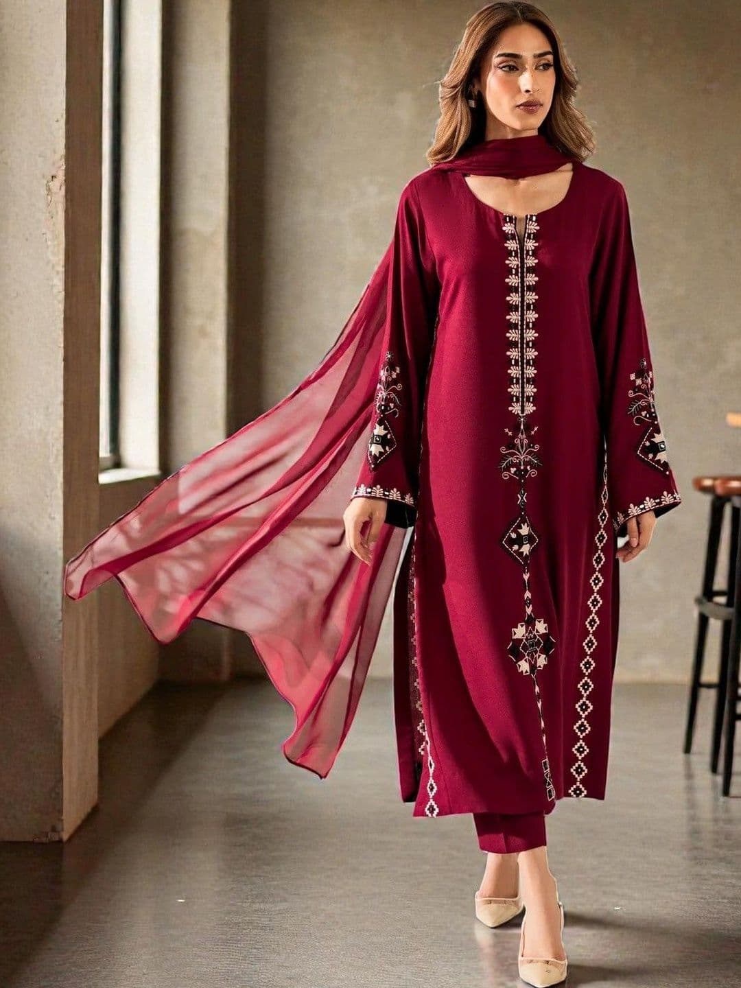 all about you Women Ethnic Motifs Embroidered Regular Thread Work Chanderi Silk Kurta with Trousers & With - view 1