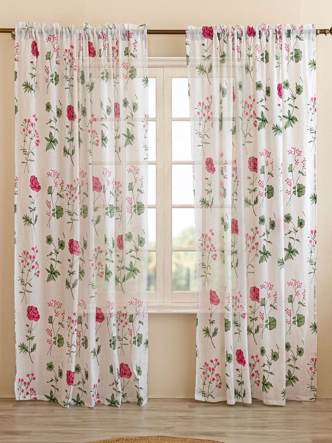 HOMEMONDE Pink & White 2 Pieces Floral Sheer Cotton Window Curtains - view 1