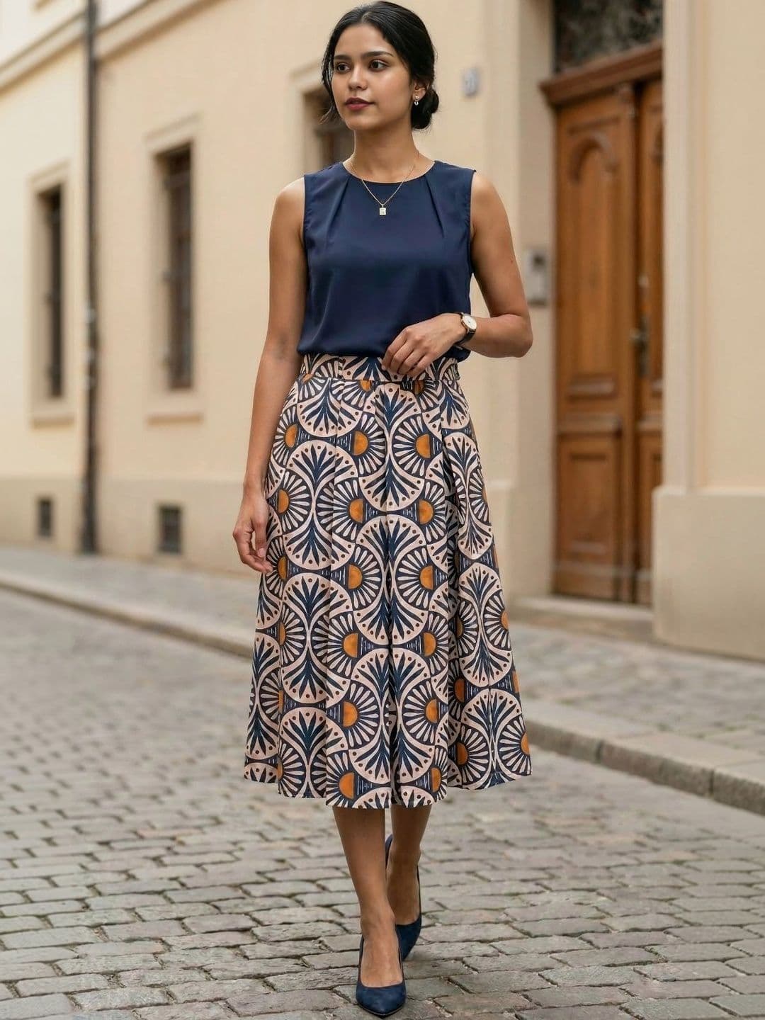 BLUE PIEGEON Women Pure Cotton Blend Geometric Midi A-Line Skirt - view 1