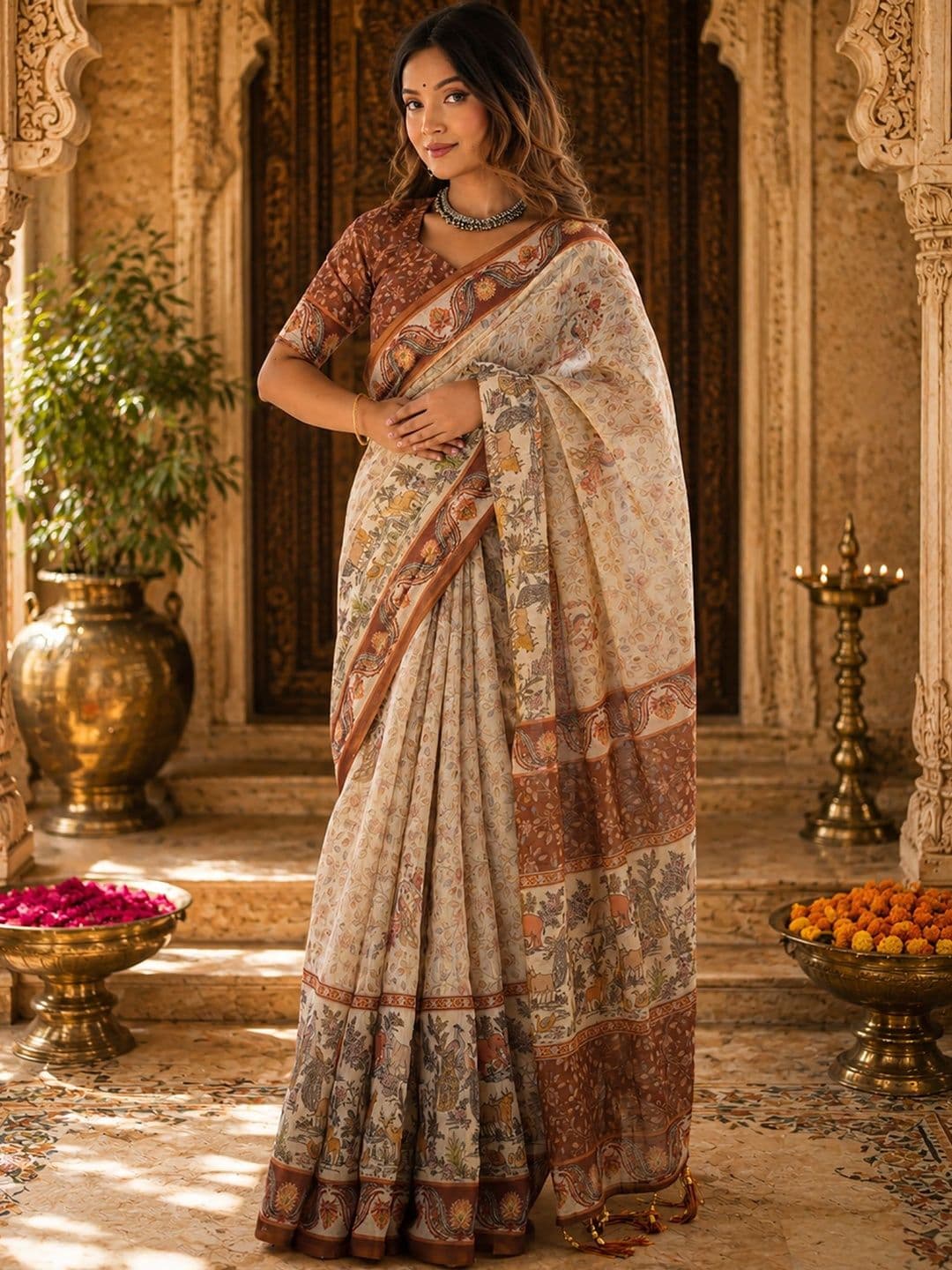 BerMondsey Kalamkari Linen Blend Designer Block Print Saree - view 1