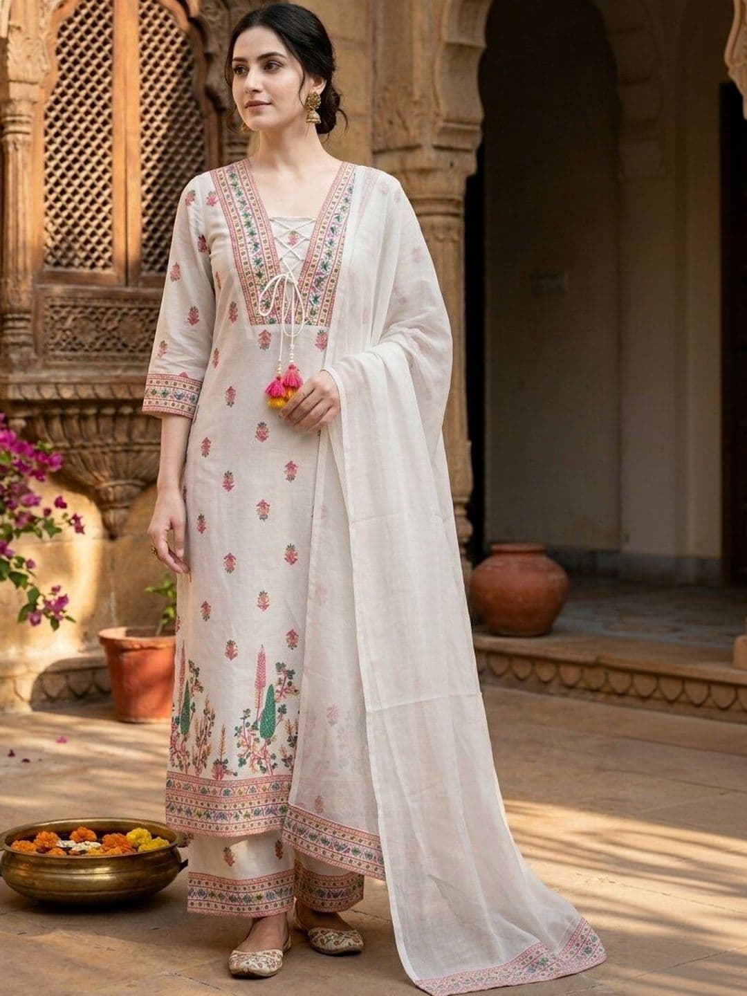 EthniFlair Women Floral Printed Regular Thread Work Pure Cotton Kurta with Palazzos & With Dupatta - view 1