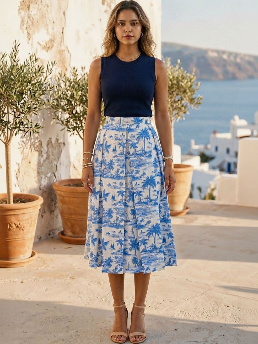 BLUE PIEGEON Women Pure Cotton Blend Graphic Tropical Midi A-Line Skirt - view 1