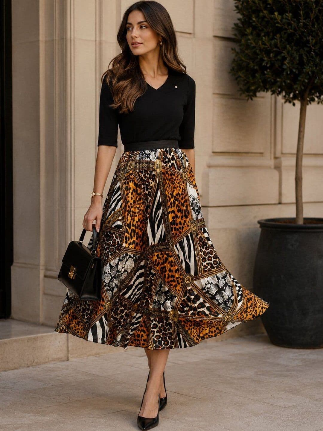 StyleStone Women Satin Animal Animal or Skin Print Midi Flared Skirt - view 1