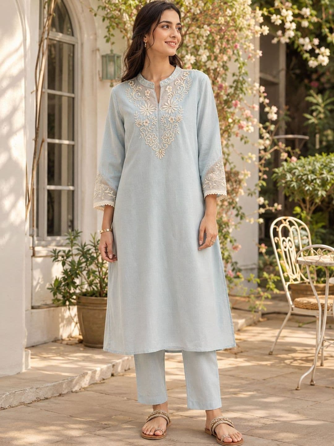 Nayam By Lakshita Women Ethnic Motifs Embroidered Regular Thread Work Pure Cotton Kurta Set - view 1