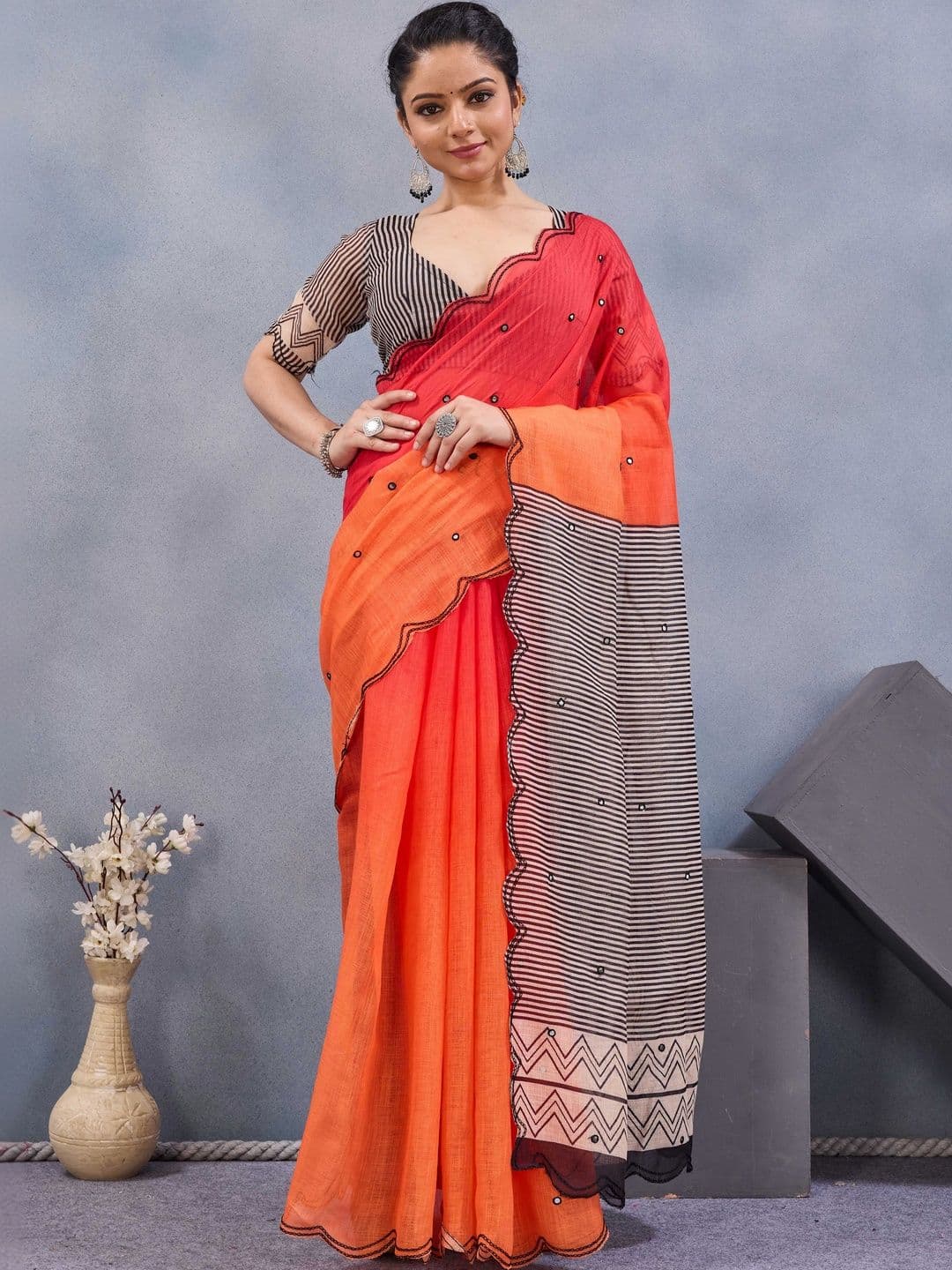 Mitera Striped Mirror Work Saree - view 1
