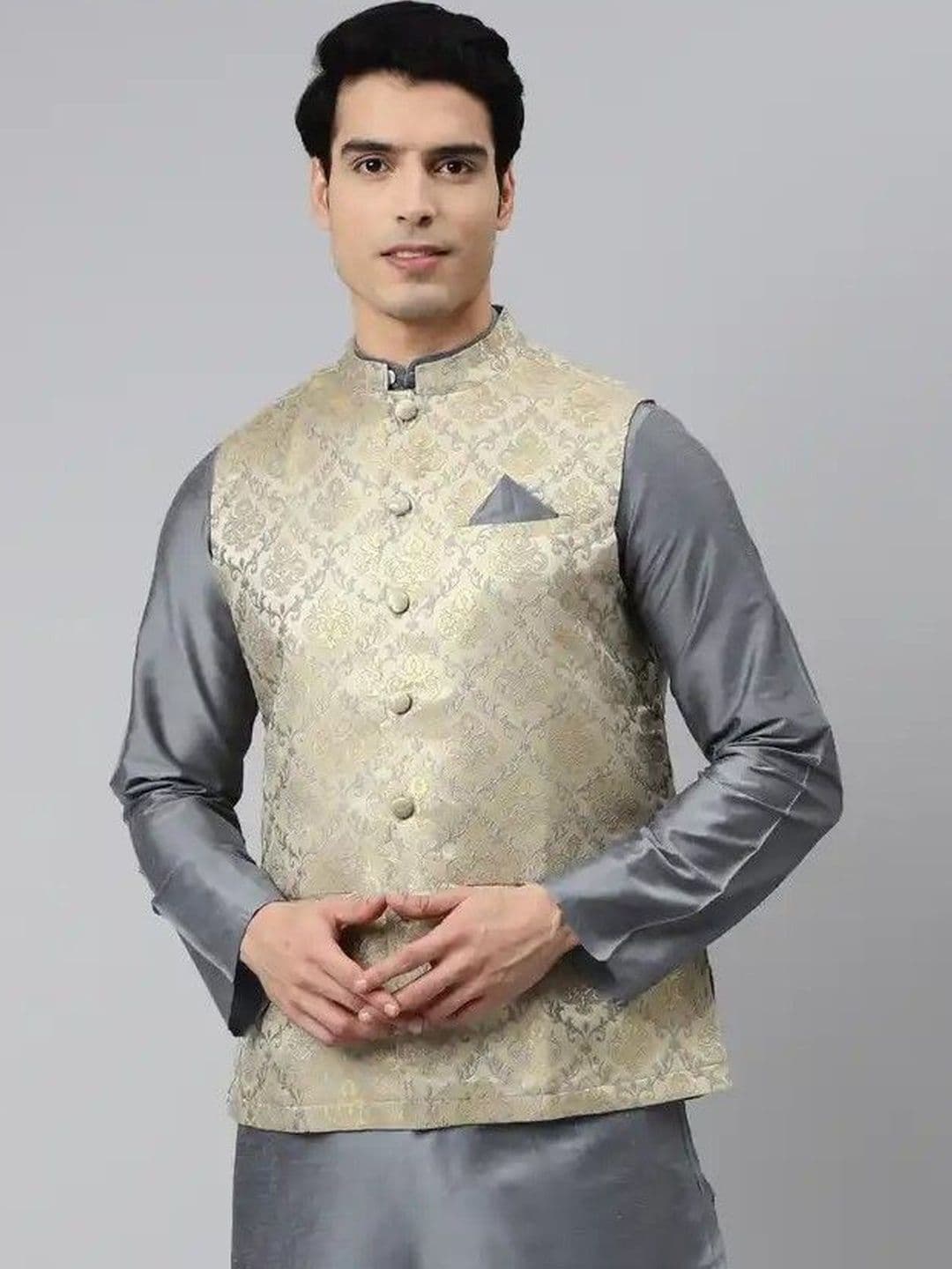 Tulsattva Woven Design Mandarin Collar Neck Woven Nehru Jacket - view 1