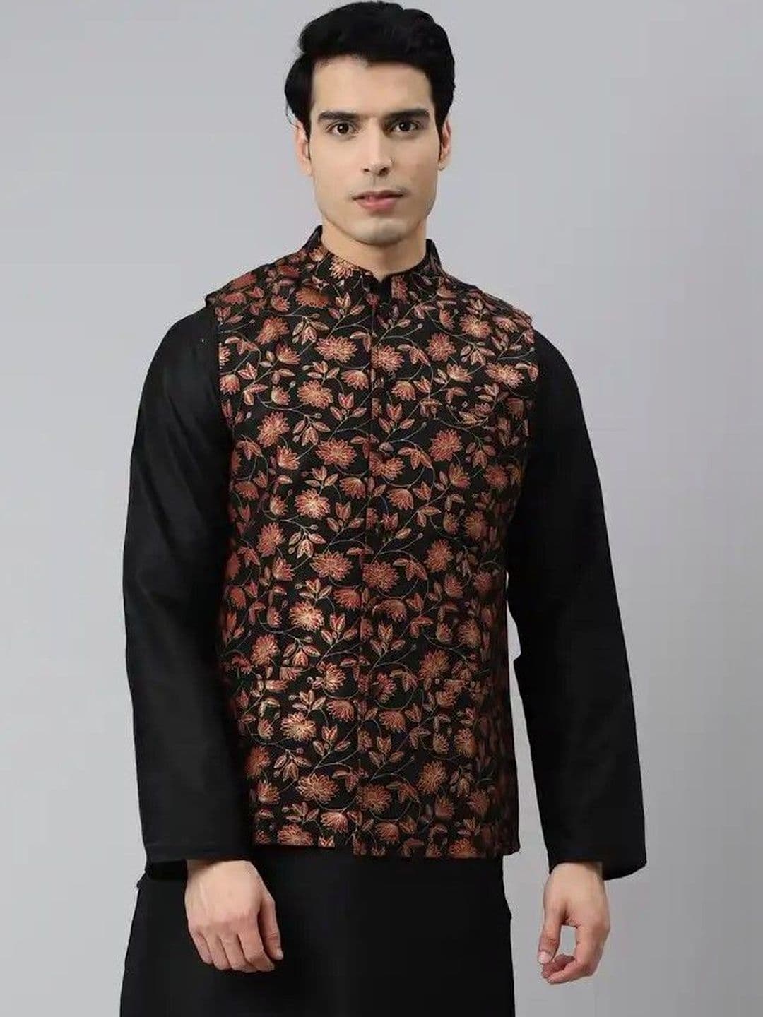 Tulsattva Embroidered Mandarin Collar Neck Woven Nehru Jacket - view 1