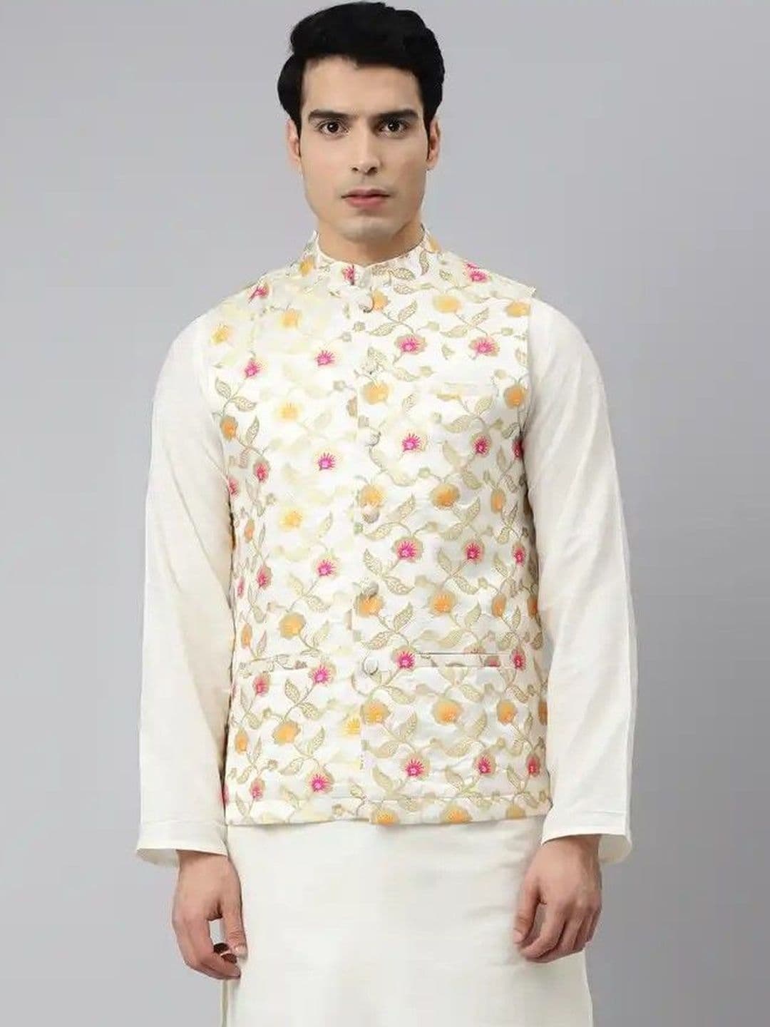 Tulsattva Embroidered Mandarin Collar Neck Woven Nehru Jacket - view 1