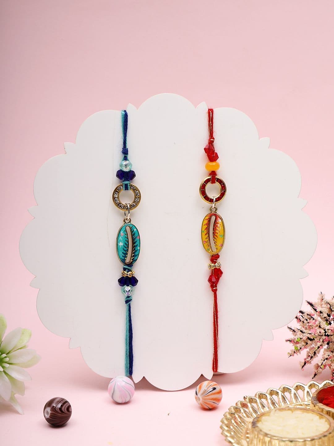 Sangria Set Of 2 Stones Studded & Beaded Rakhi & Roli Rice with Greeting Card - view 1