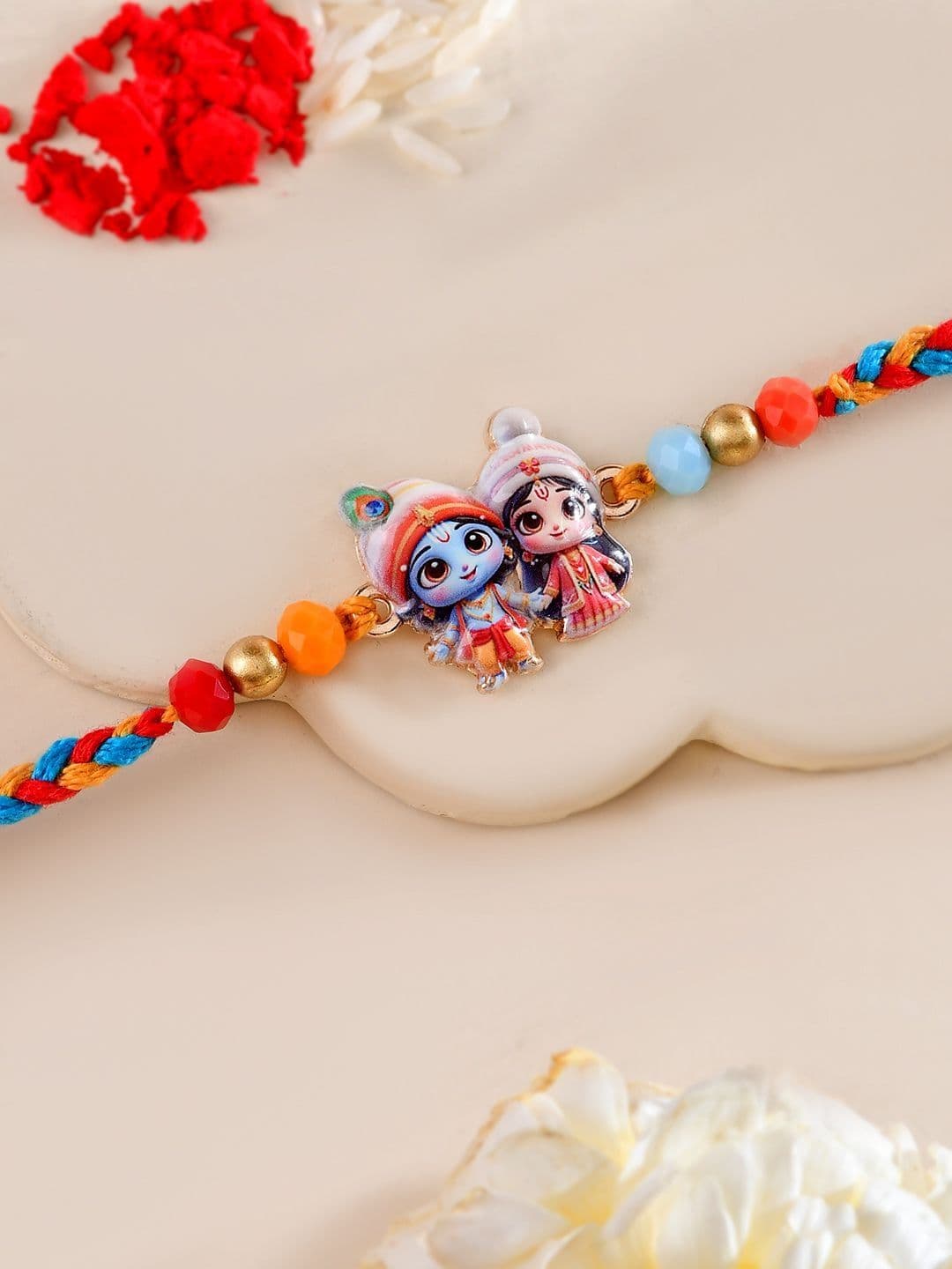Sangria Radha Krishna Beaded Braided Thread Rakhi & Roli Rice with Greeting Card - view 1