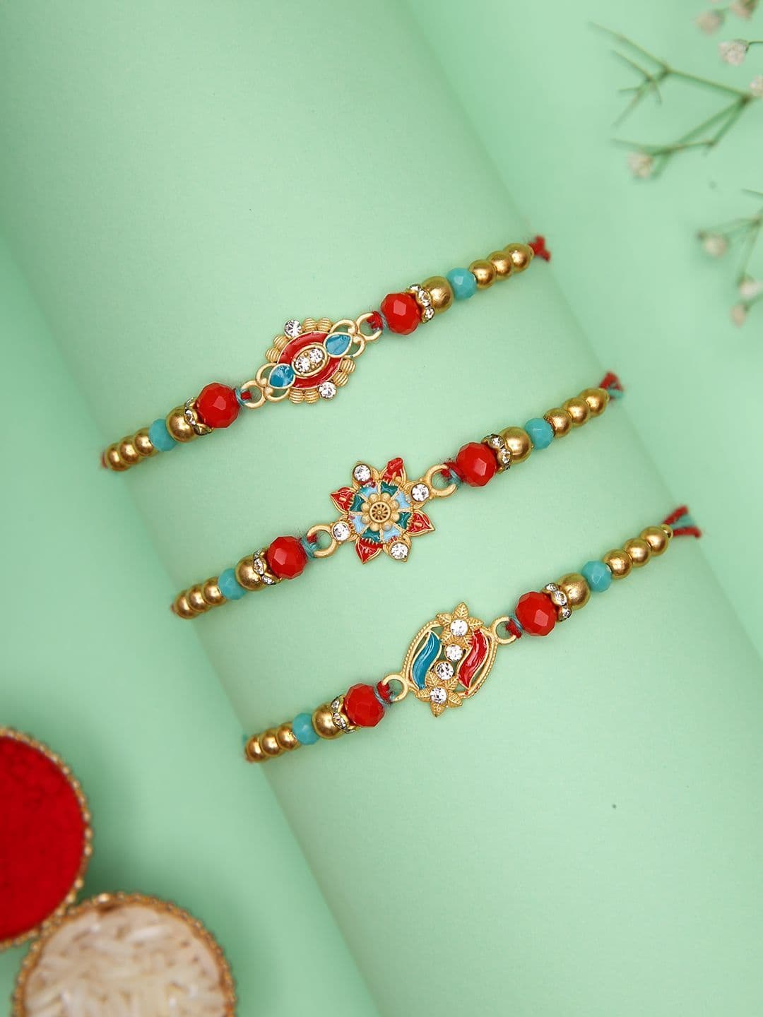Sangria Set of 3 American Diamond Studded & Beaded Rakhi & Roli Rice with Greeting Card - view 1