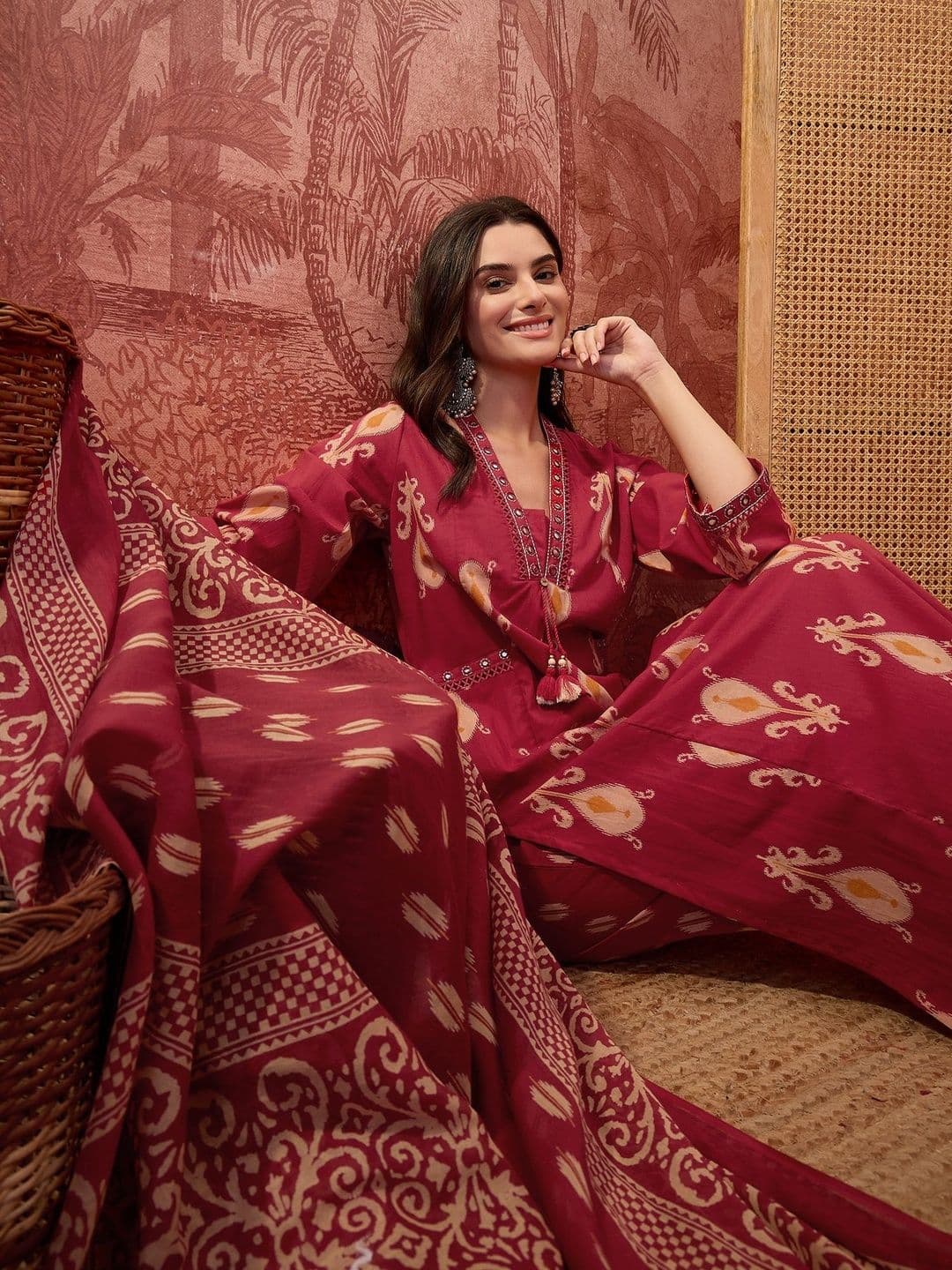 Sangria Women Ethnic Motifs Printed Regular Mirror Work Pure Cotton Kurta with Palazzos & With Dupatta - view 1