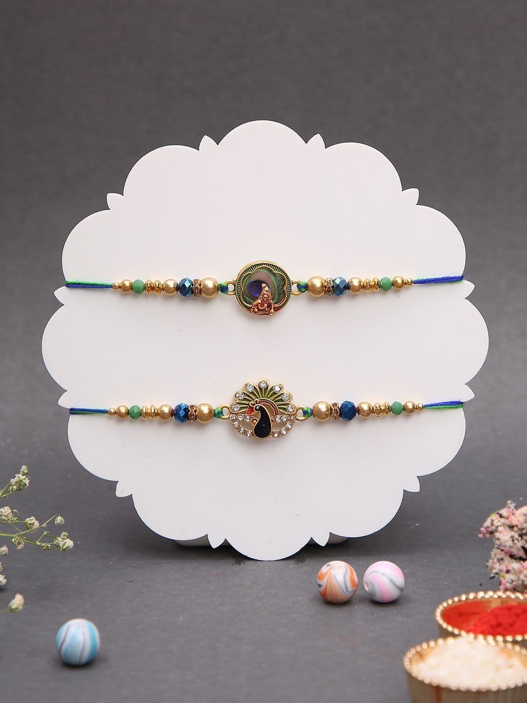 Sangria Set of 2 Enamel Peacock Charms Rakhi & Roli Rice with Greeting Card - view 1