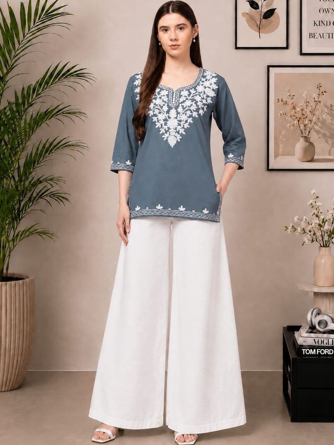CROWN KING Women Floral Embroidered Regular Chikankari Kurti with Palazzos - view 1